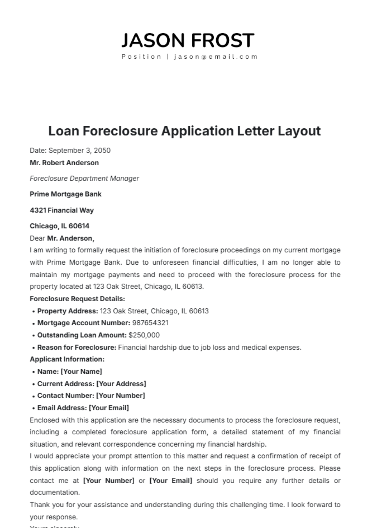 Loan Foreclosure Application Letter Layout Template