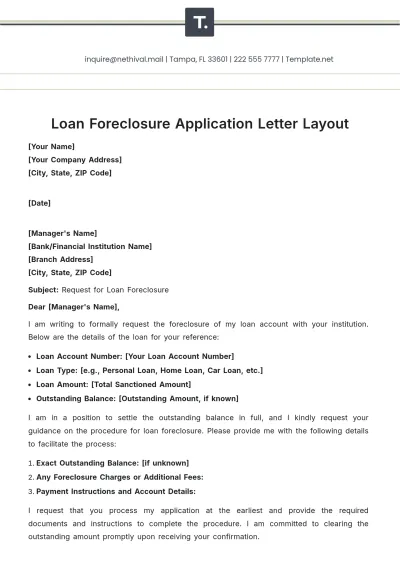 Free Loan Foreclosure Application Letter Layout Template to Edit Online