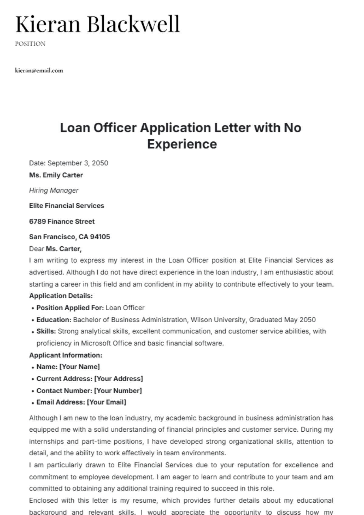 Loan Officer Application Letter with No Experience Template