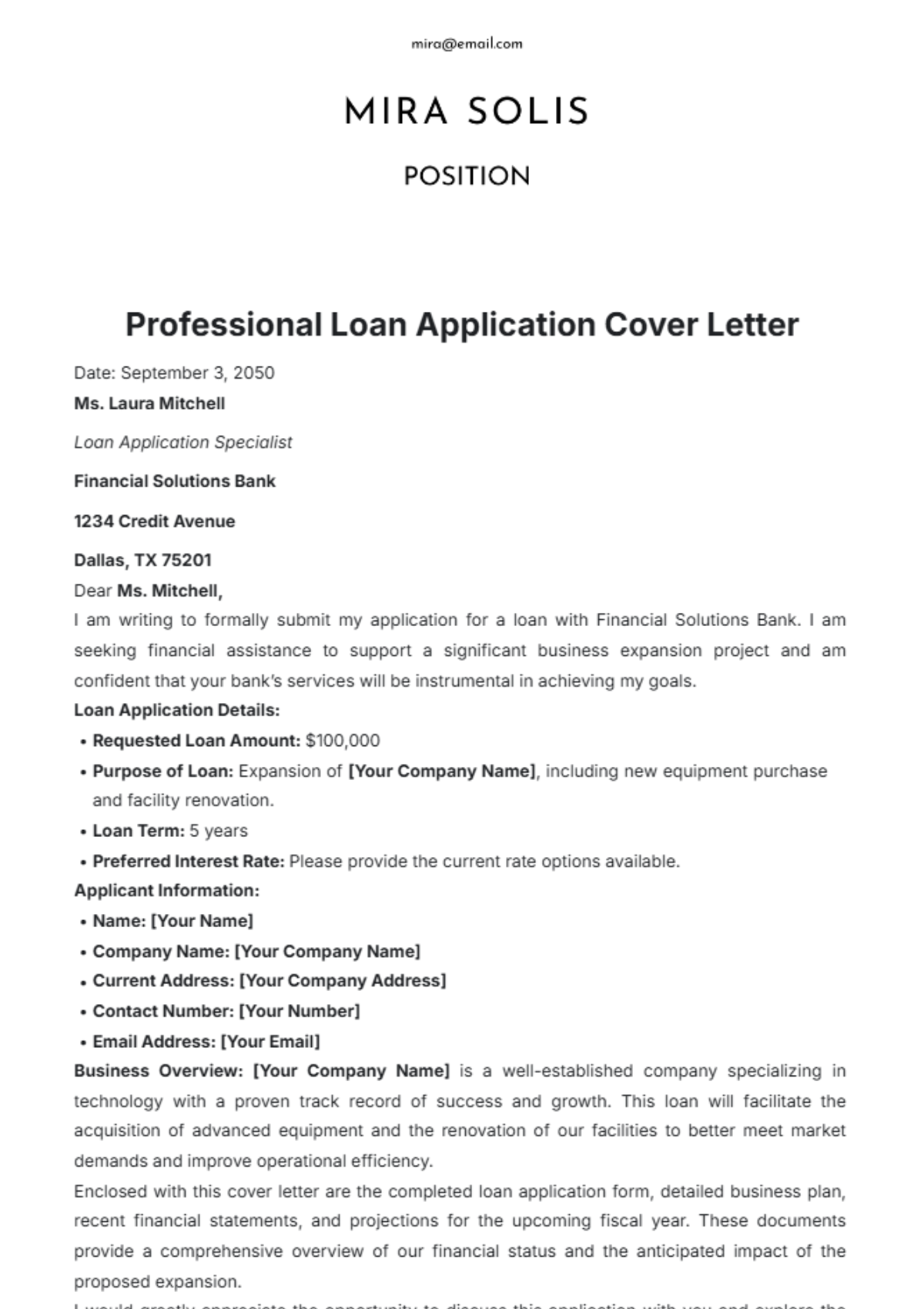 Professional Loan Application Cover Letter Template