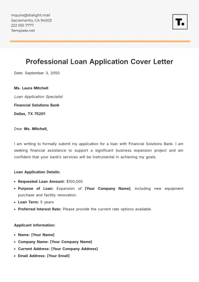 Free Professional Loan Application Cover Letter Template to Edit Online