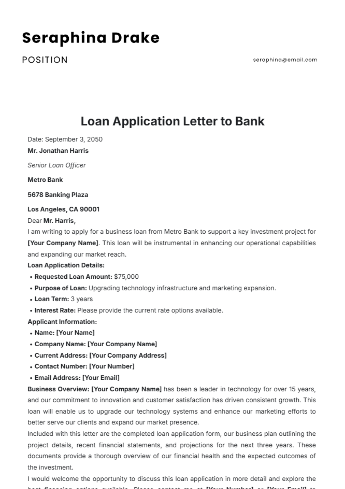 Loan Application Letter to Bank Template