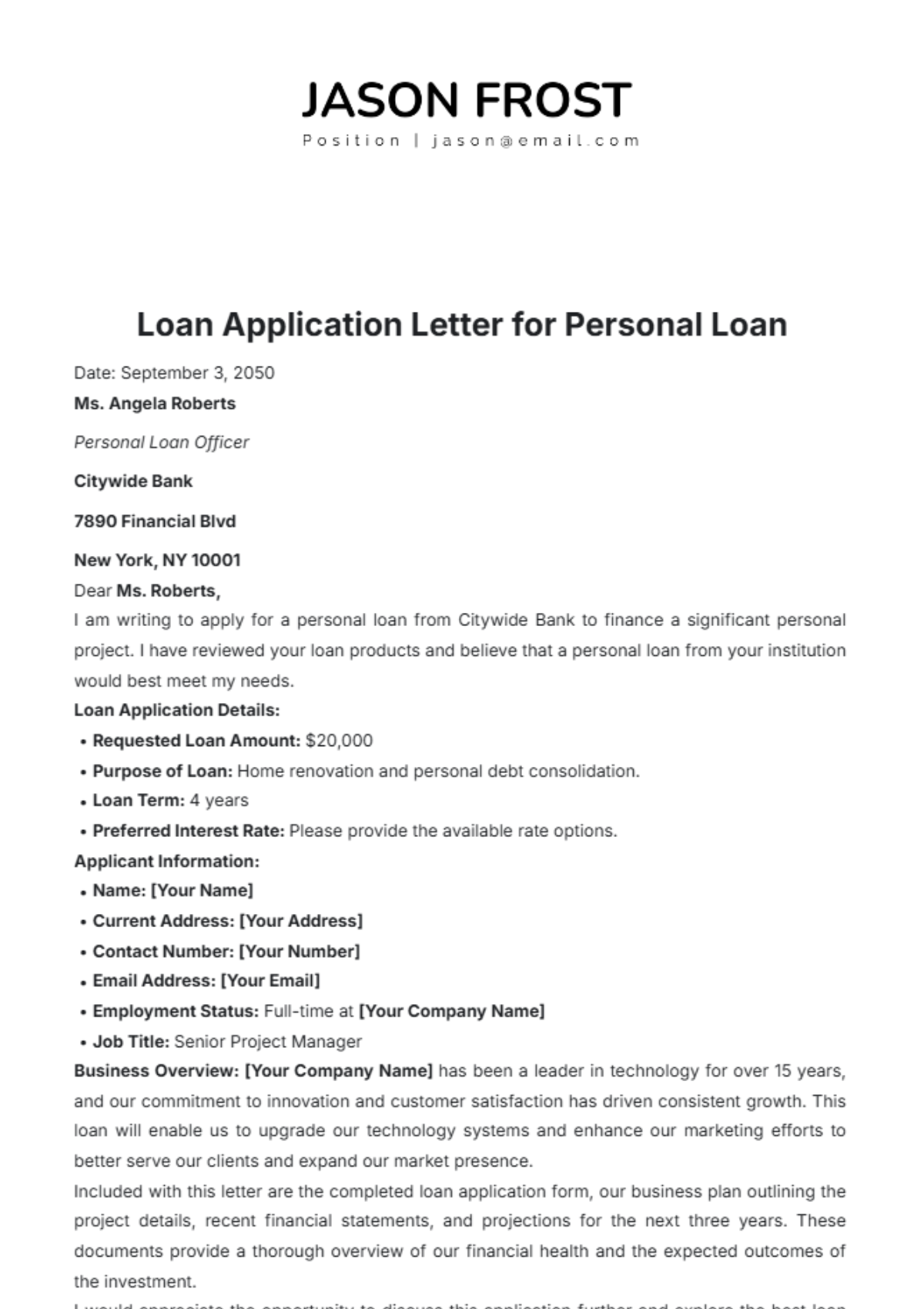 Loan Application Letter for Personal Loan Template