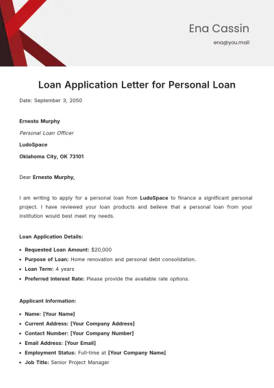 Free Loan Application Letter for Personal Loan Template to Edit Online