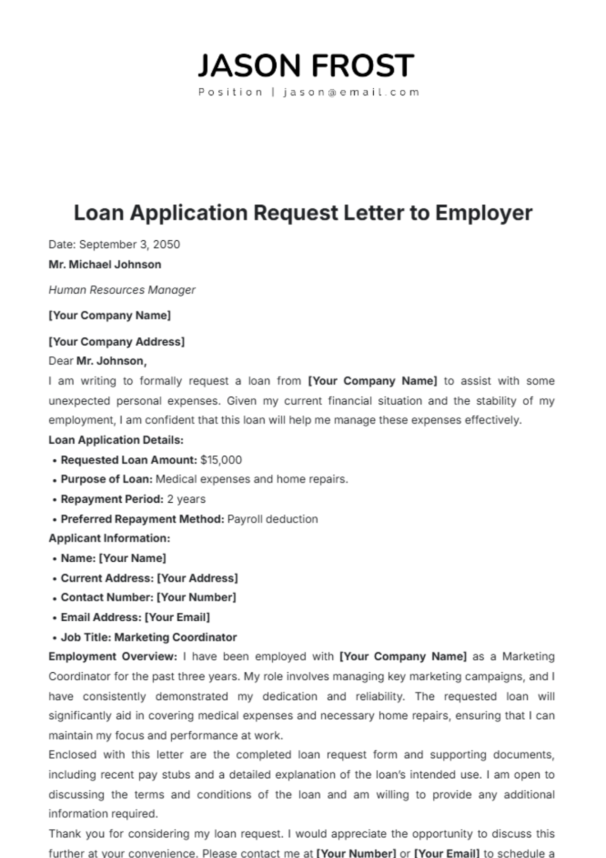 Loan Application Request Letter to Employer Template