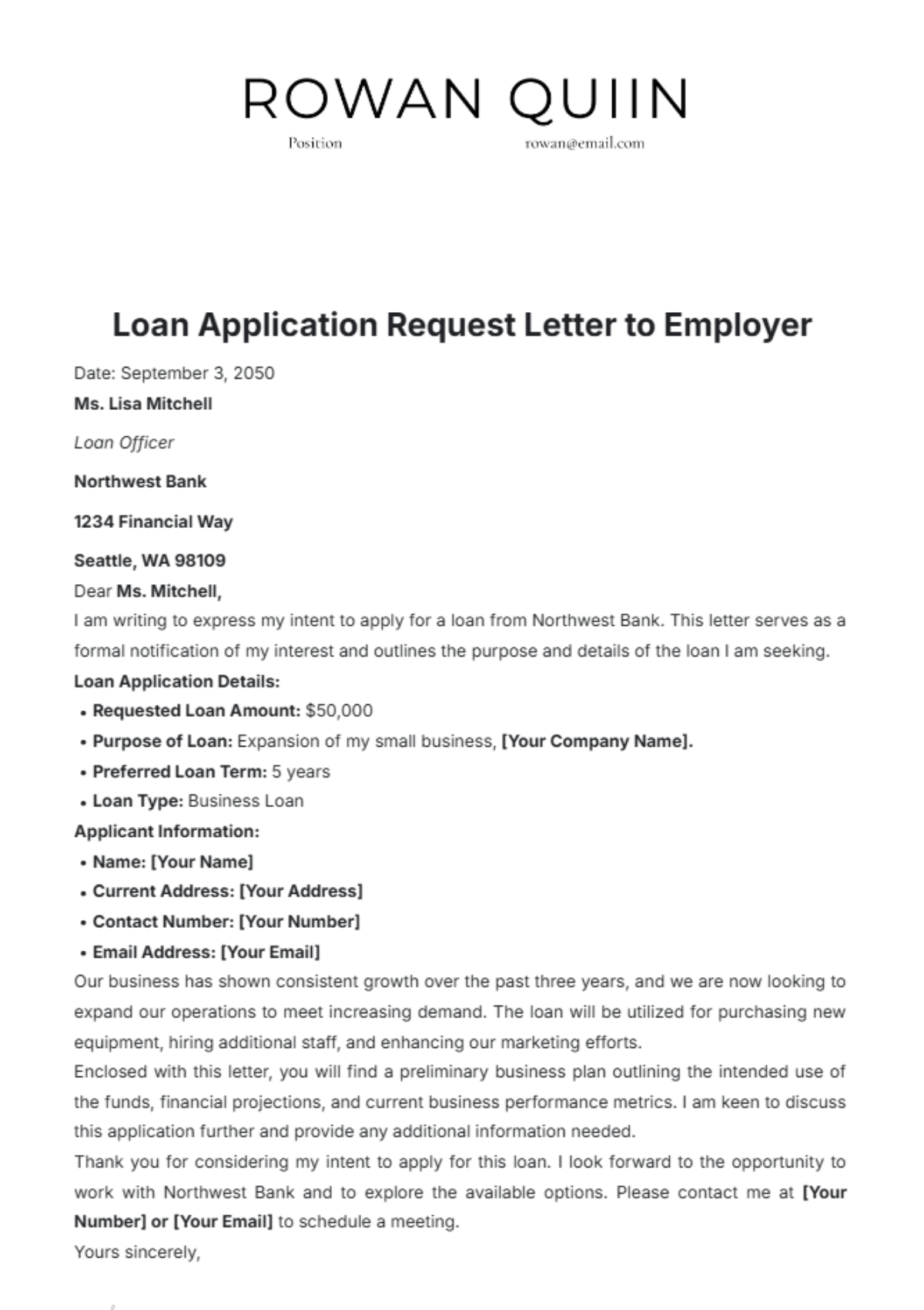 Letter of Intent to Apply for Loan Outline Template