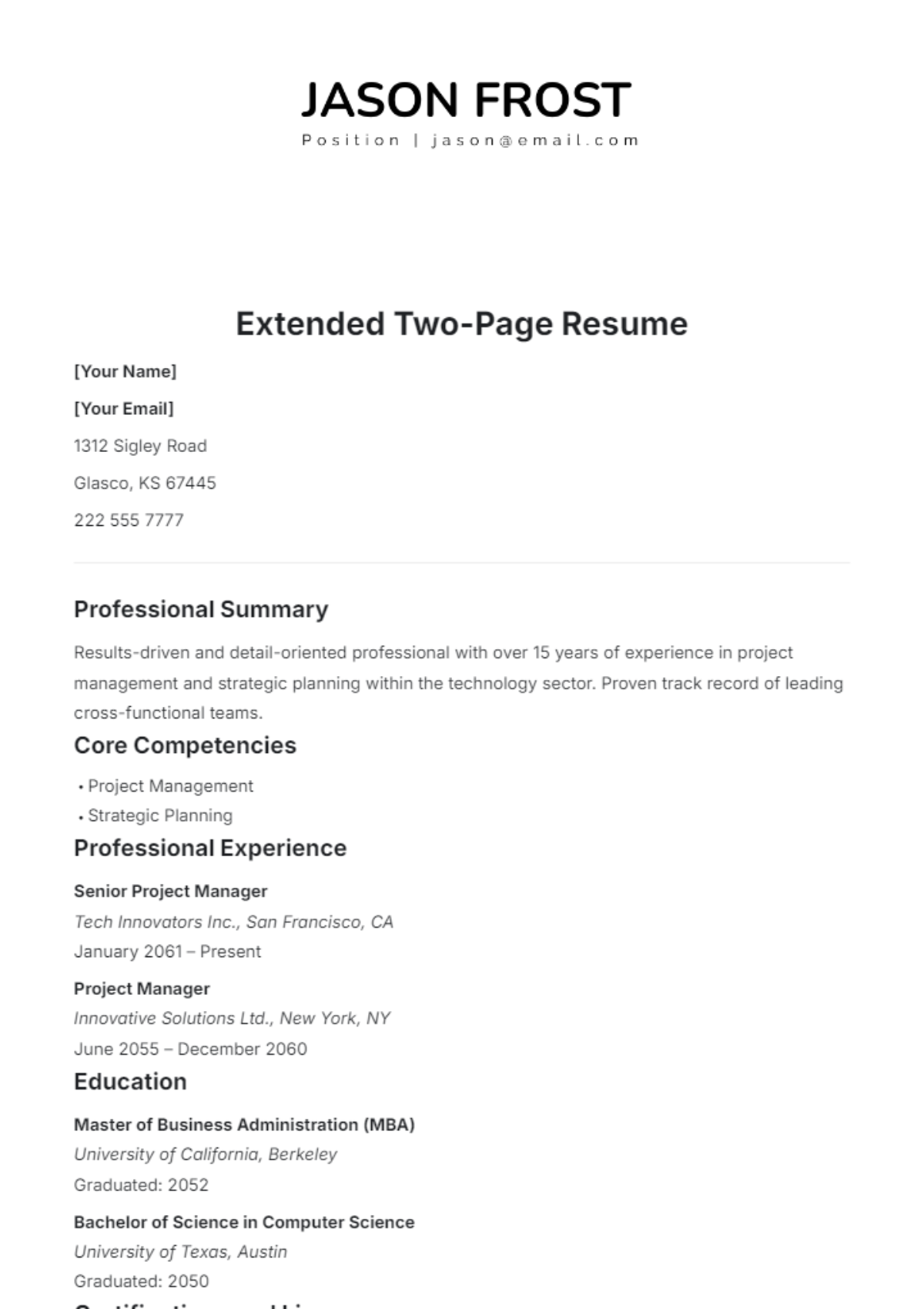 Extended Two-Page Resume Template - Edit Online & Download