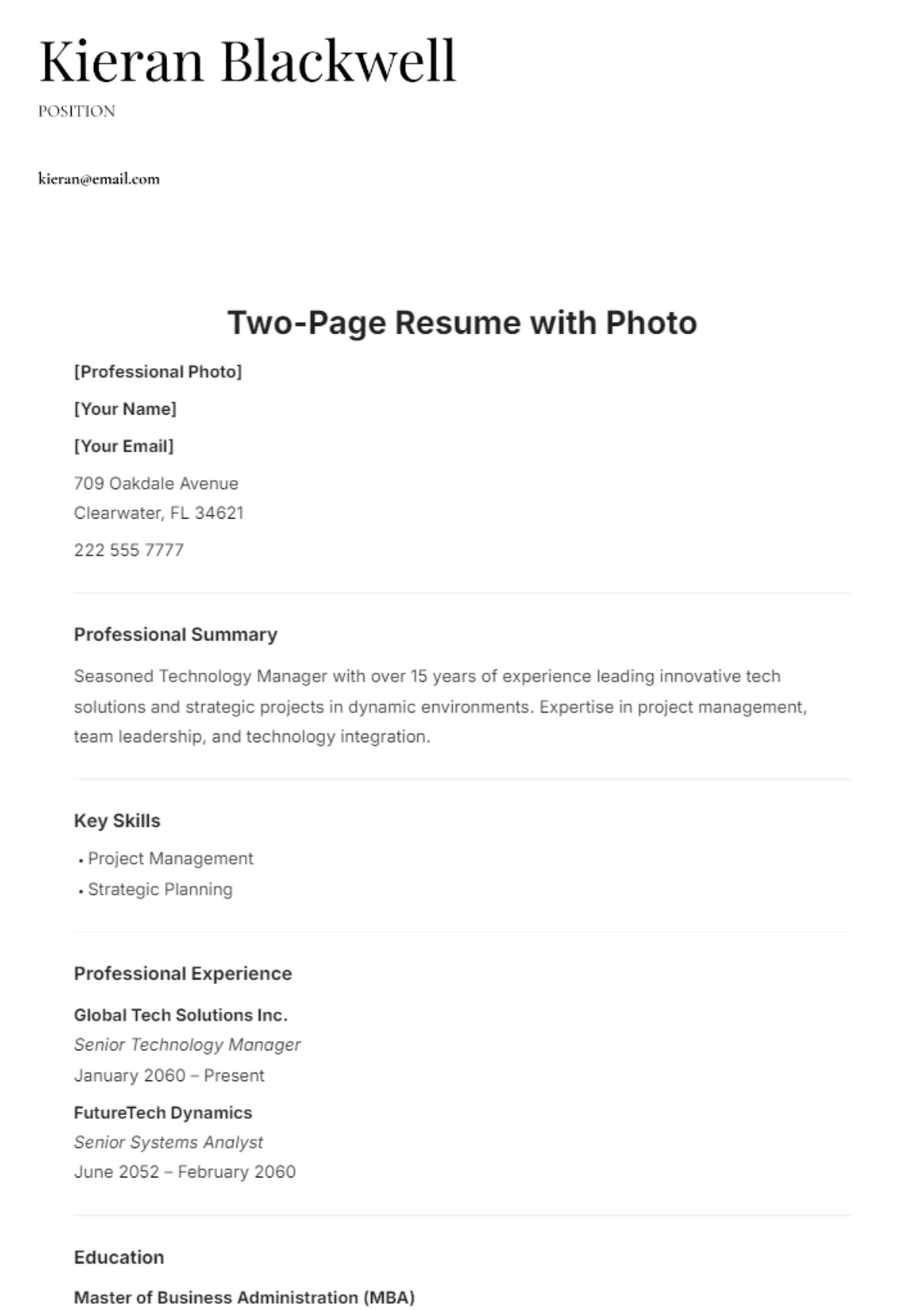 Two-Page Resume with Photo Template - Edit Online & Download