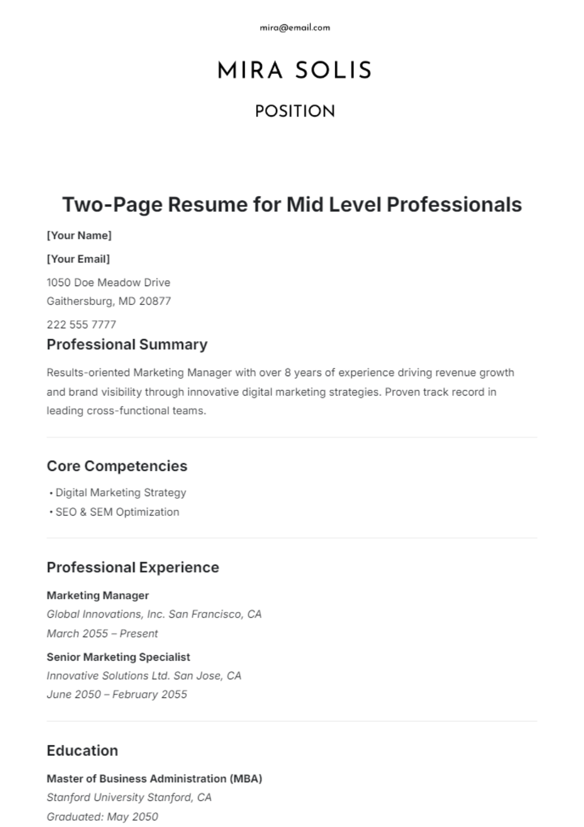 Two-Page Resume for Mid-Level Professionals Template - Edit Online & Download