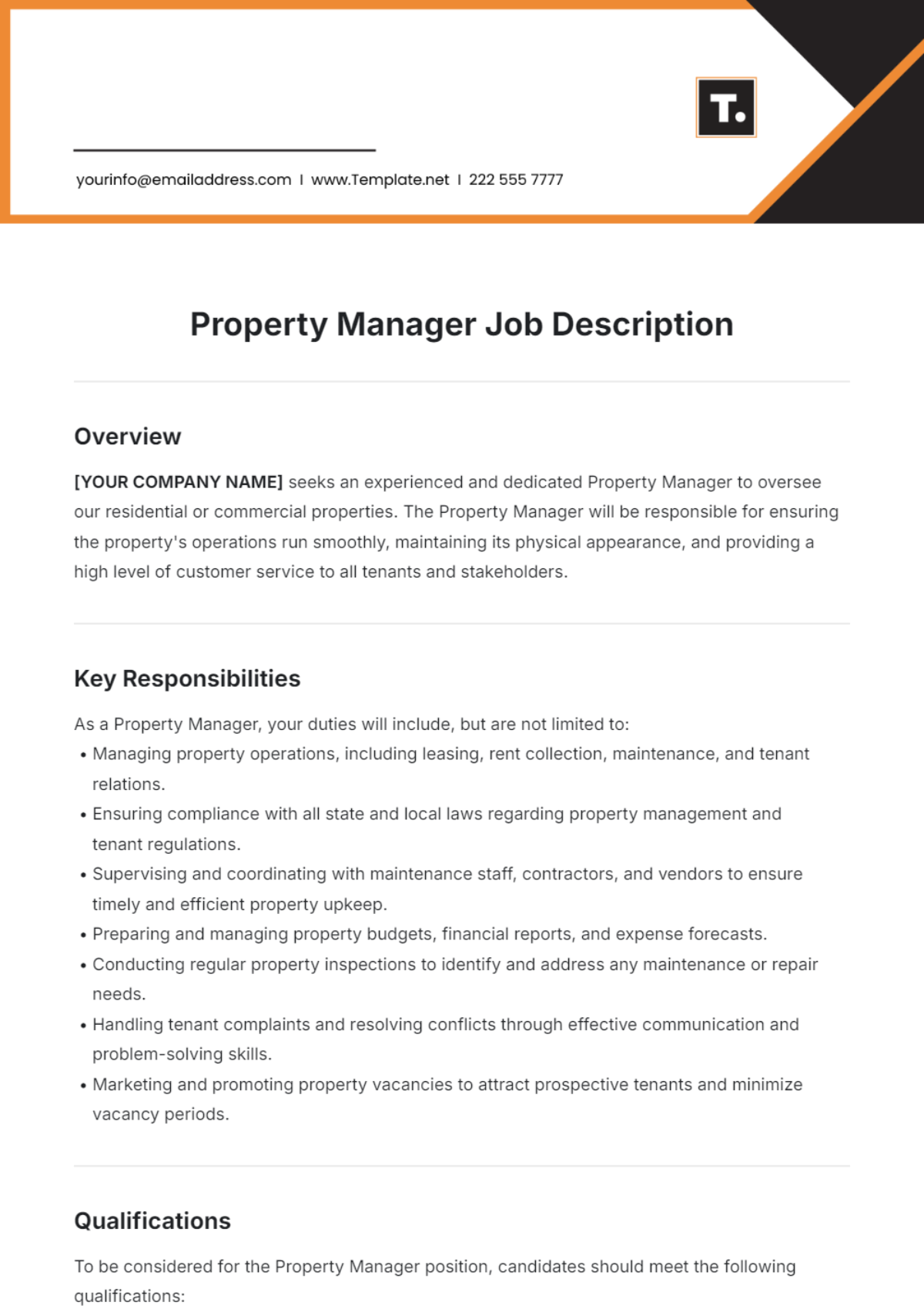 Property Manager Job Description Template - Edit Online & Download