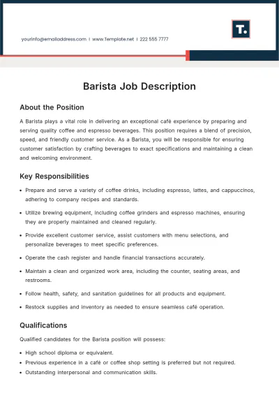 Free Barista Job Description Template to Edit Online