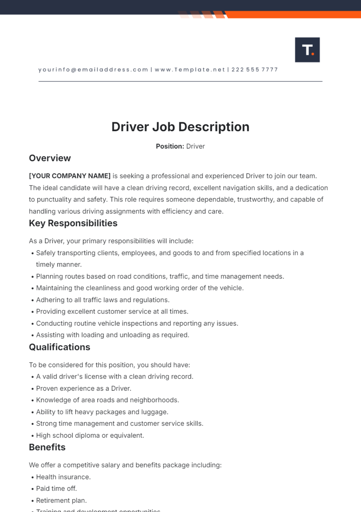 Free Driver Job Description Template