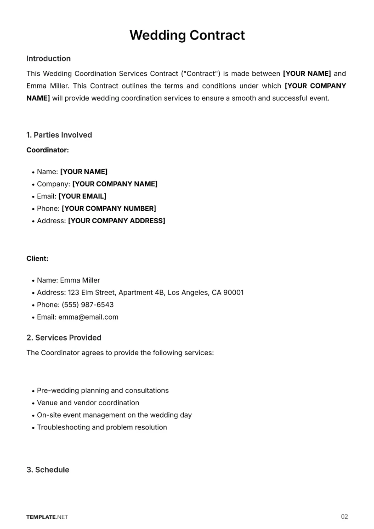 Free Wedding Contract Template to Edit Online