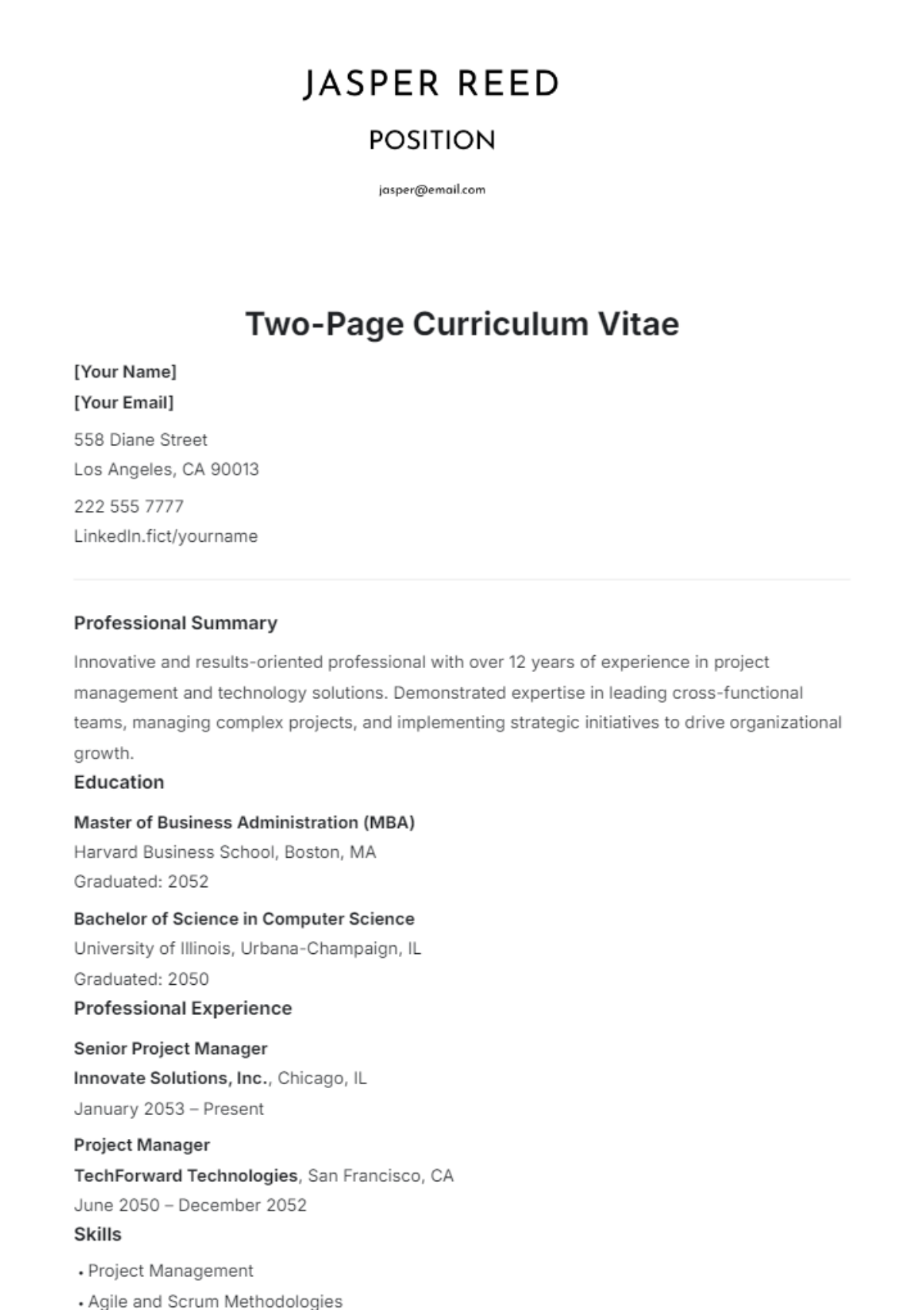 Two-Page Curriculum Vitae Template - Edit Online & Download