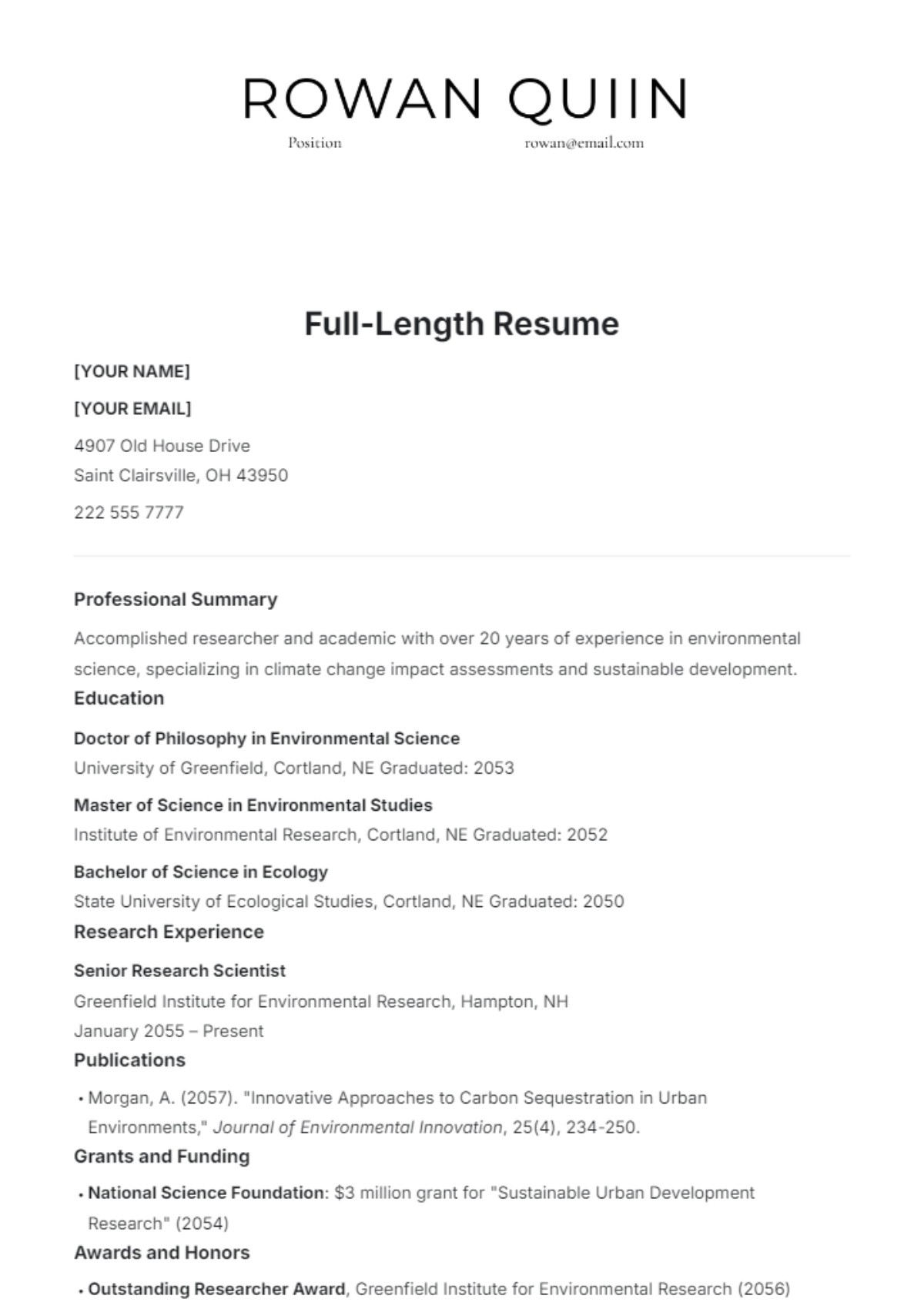 Full-Length Resume Template - Edit Online & Download