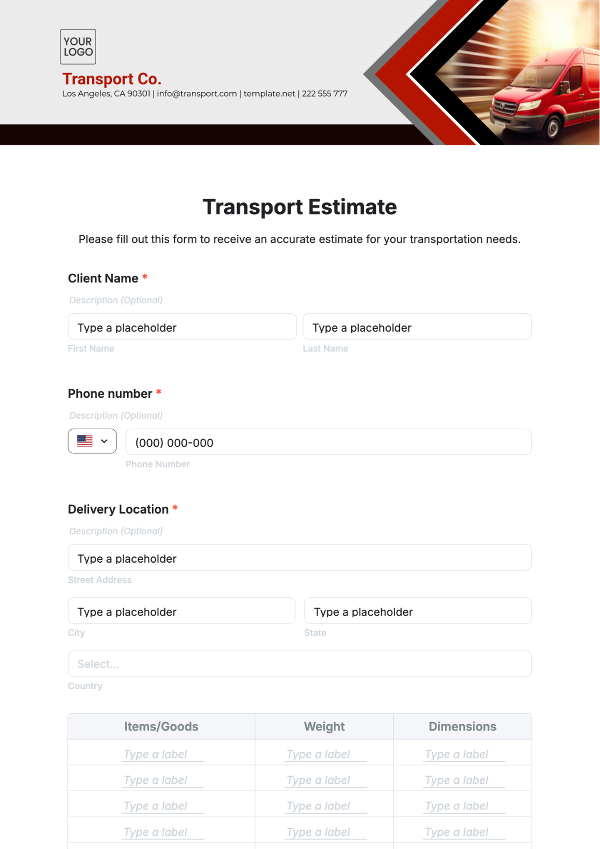 Transport Estimate Template