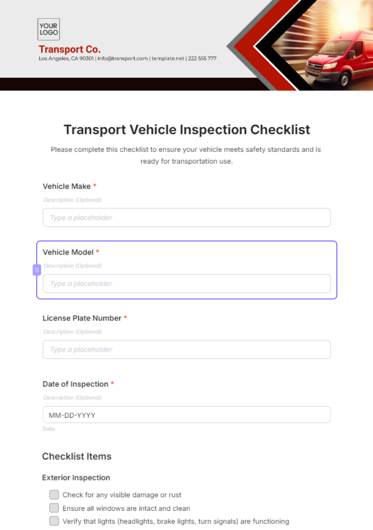 Transport Vehicle Inspection Checklist Template