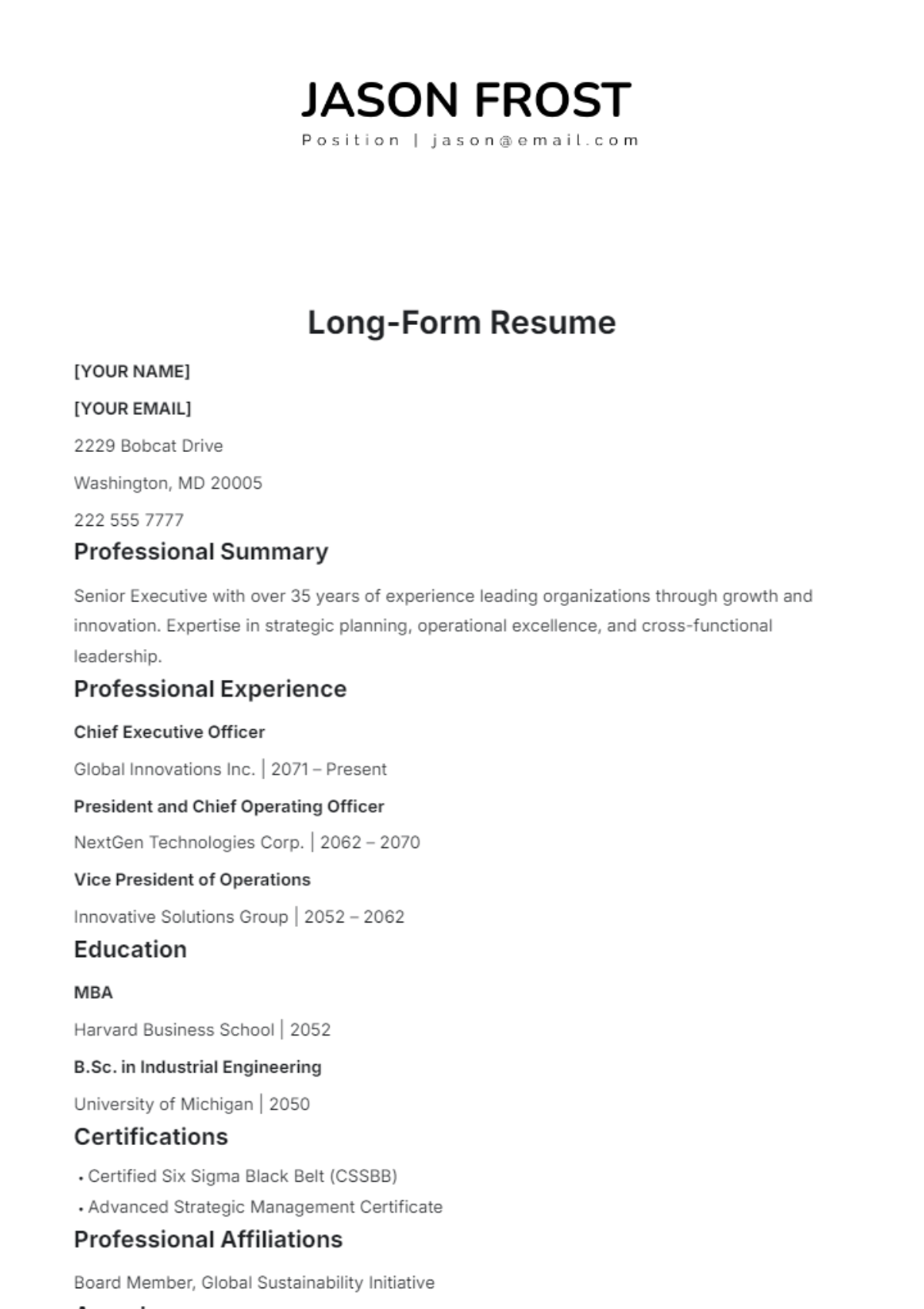 Long-Form Resume Template - Edit Online & Download