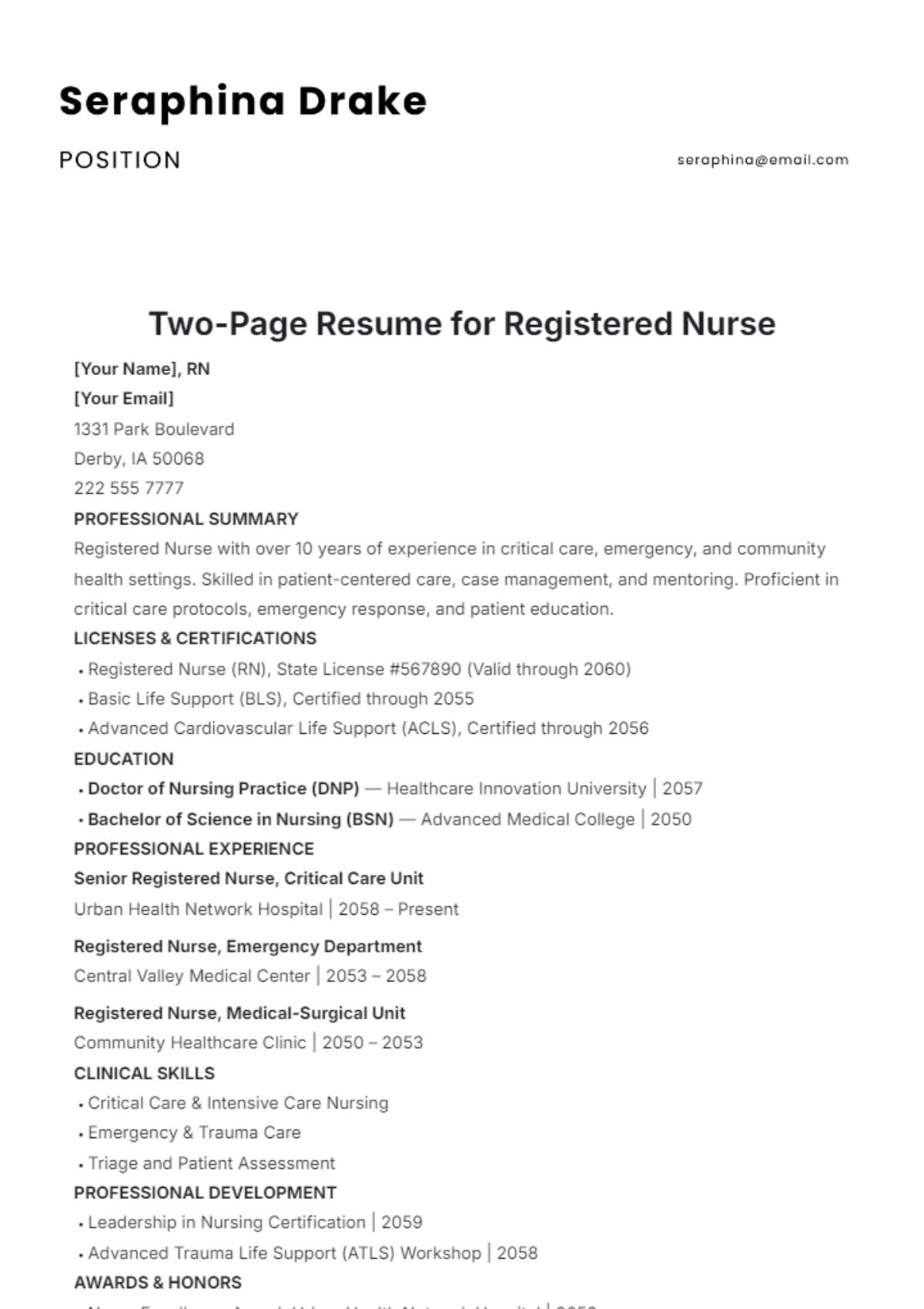 Two-Page Resume for Registered Nurse Template - Edit Online & Download