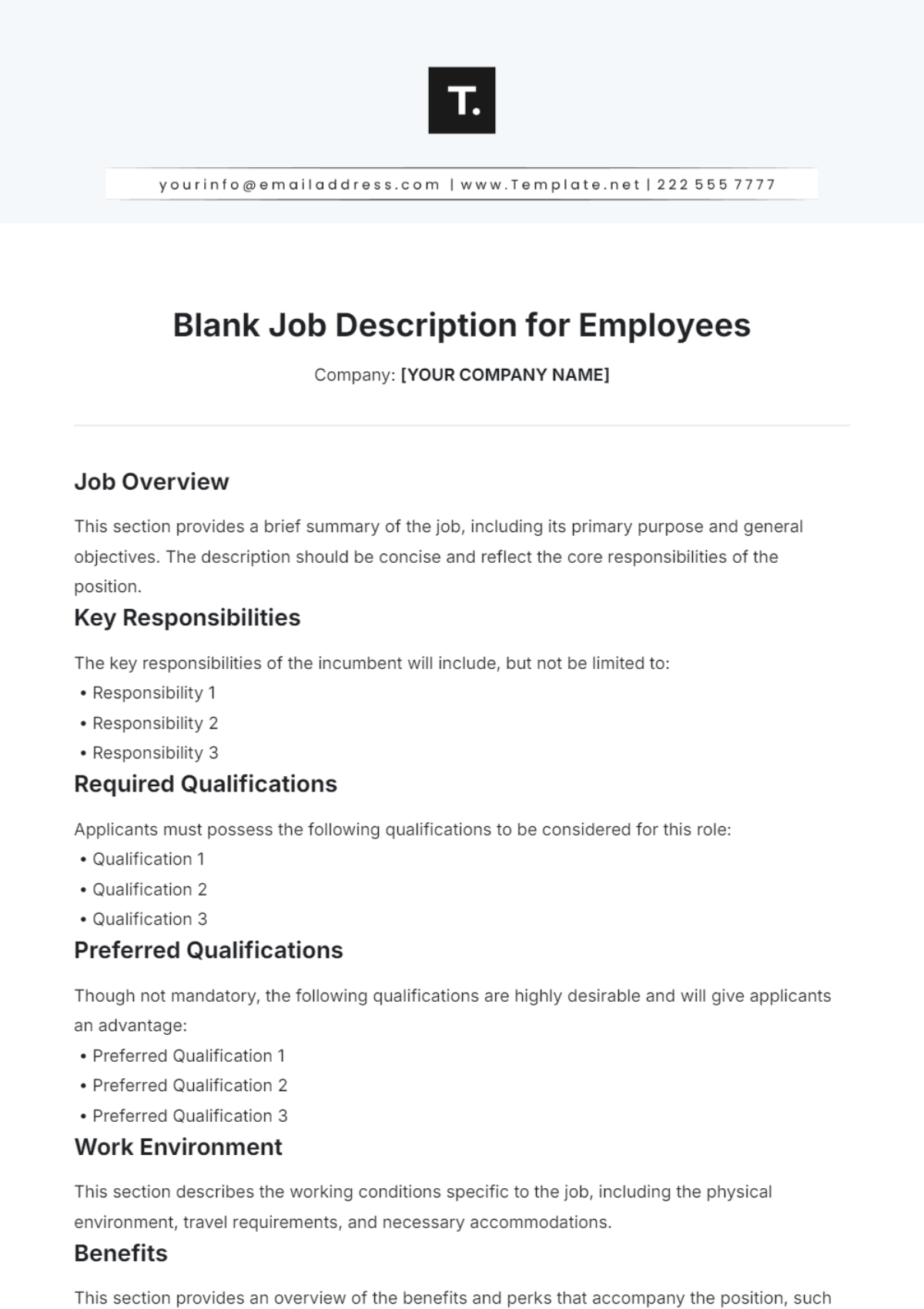 Free Blank Job Description for Employees Template