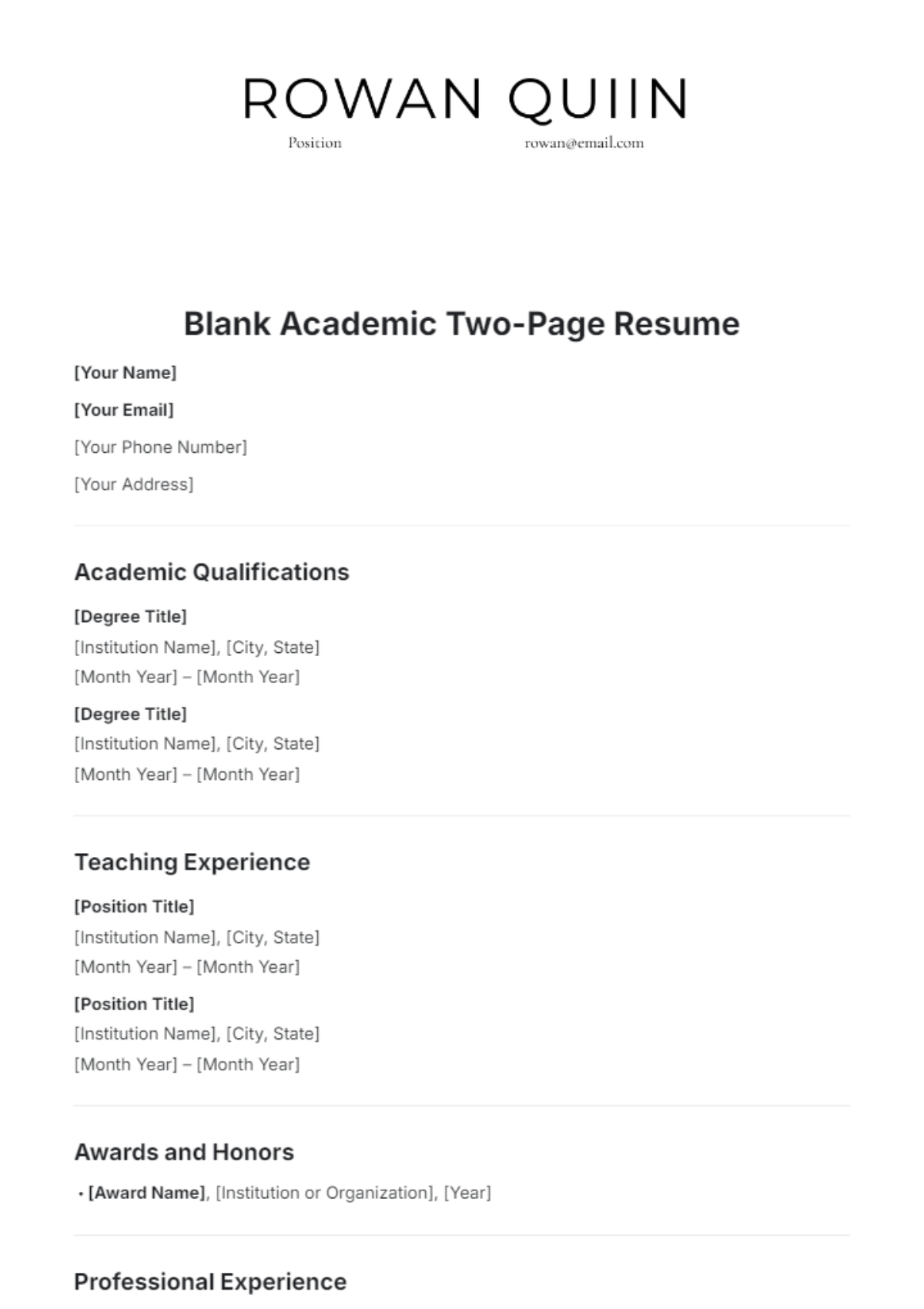 Blank Academic Two-Page Resume Template - Edit Online & Download