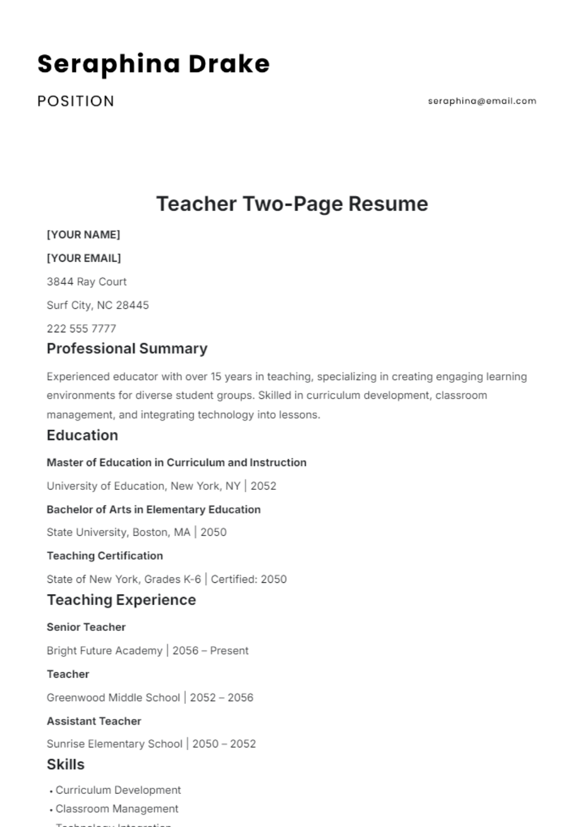 Teacher Two-Page Resume Template - Edit Online & Download