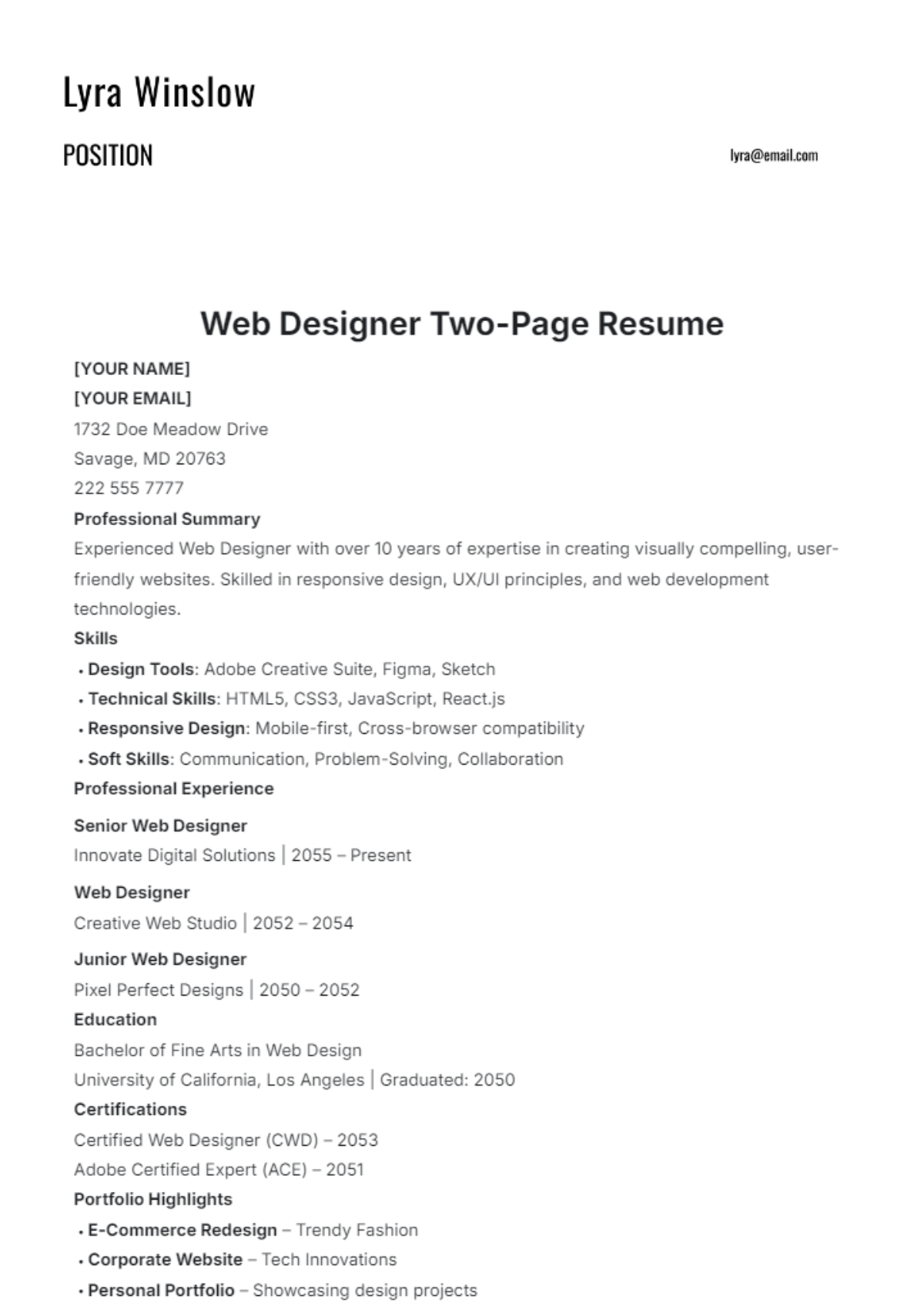 Web Designer Two-Page Resume Template - Edit Online & Download