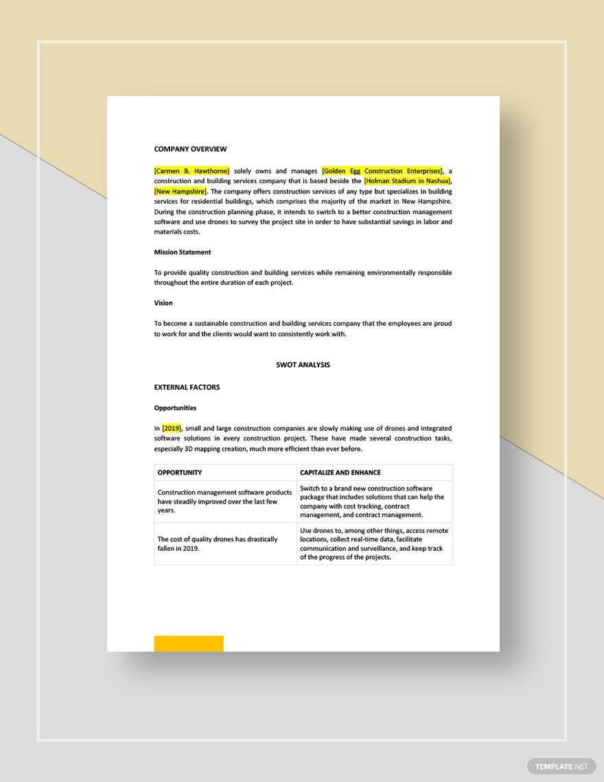 Free Sample Construction SWOT Analysis Template - Google Docs, Word ...