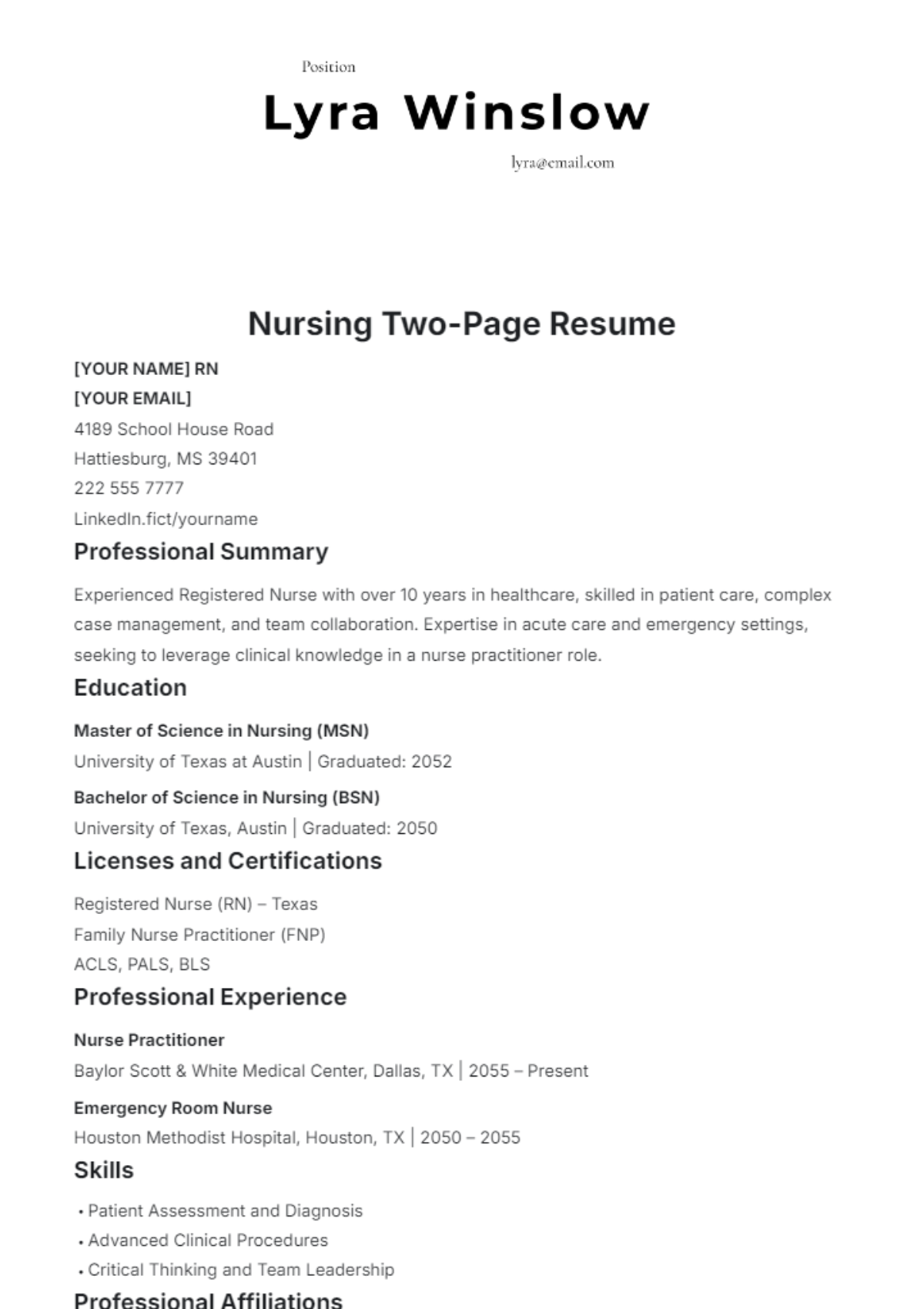 Nursing Two-Page Resume Template - Edit Online & Download