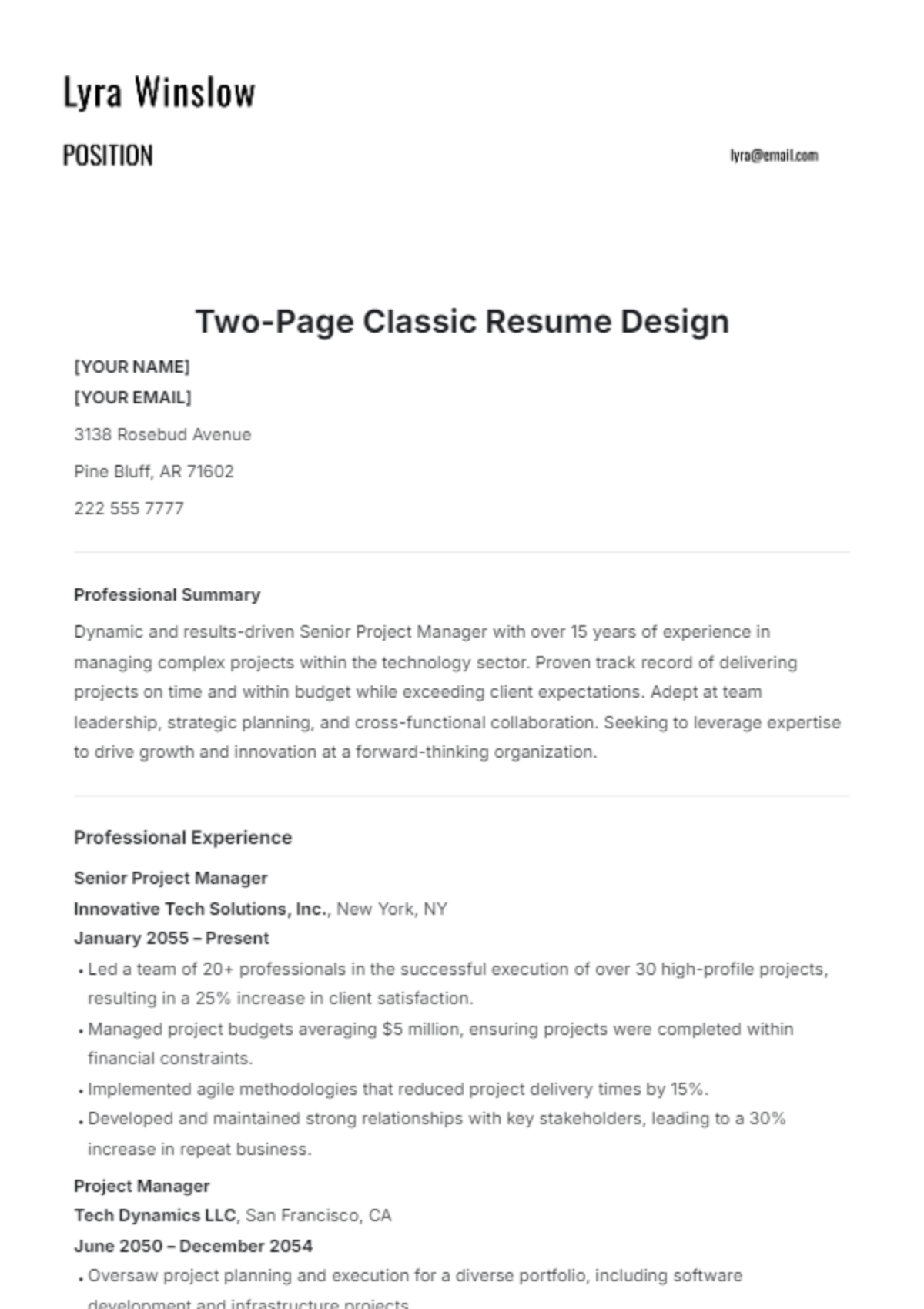 Two-Page Classic Resume Design Template - Edit Online & Download