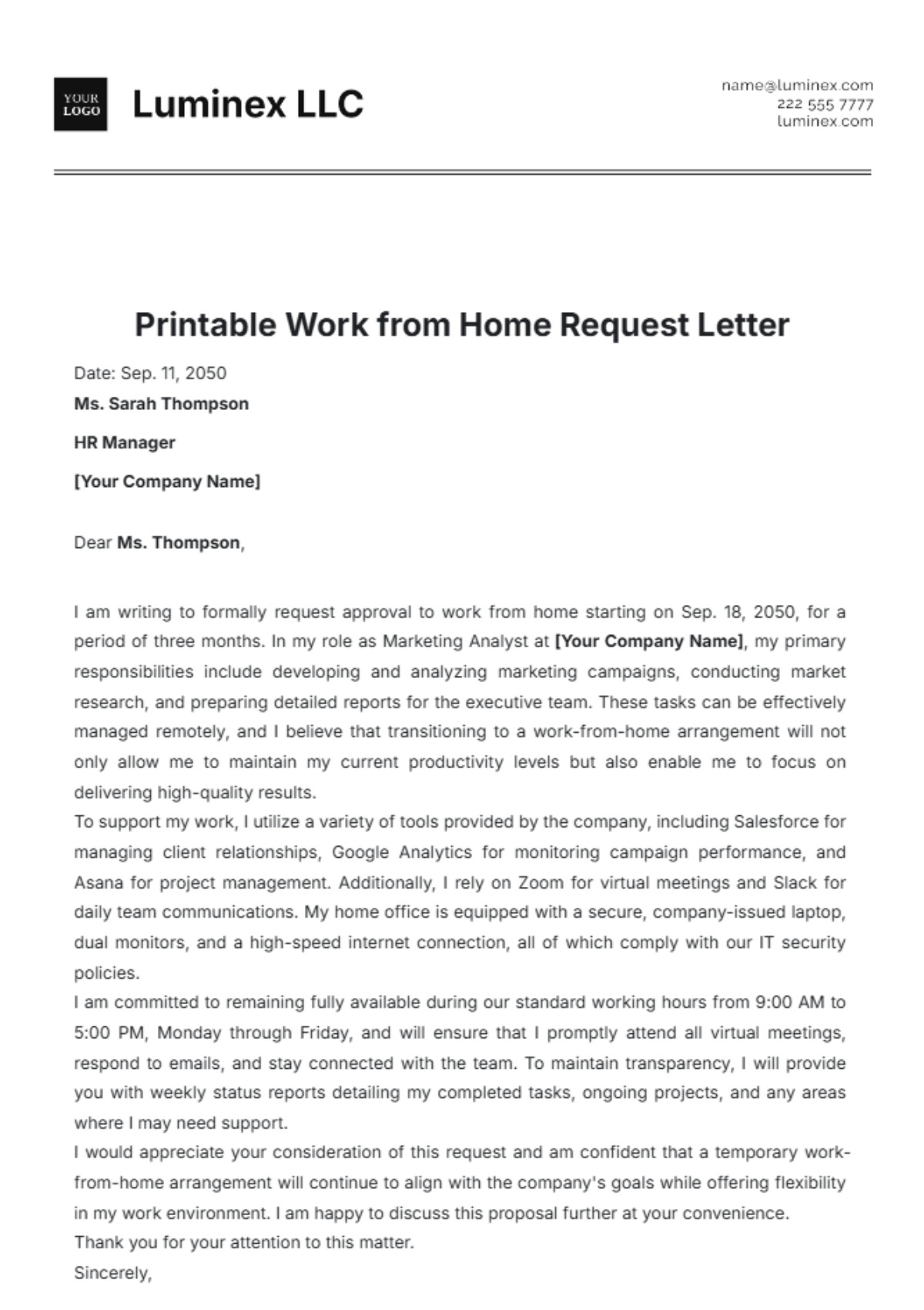 Printable Work from Home Request Letter Template