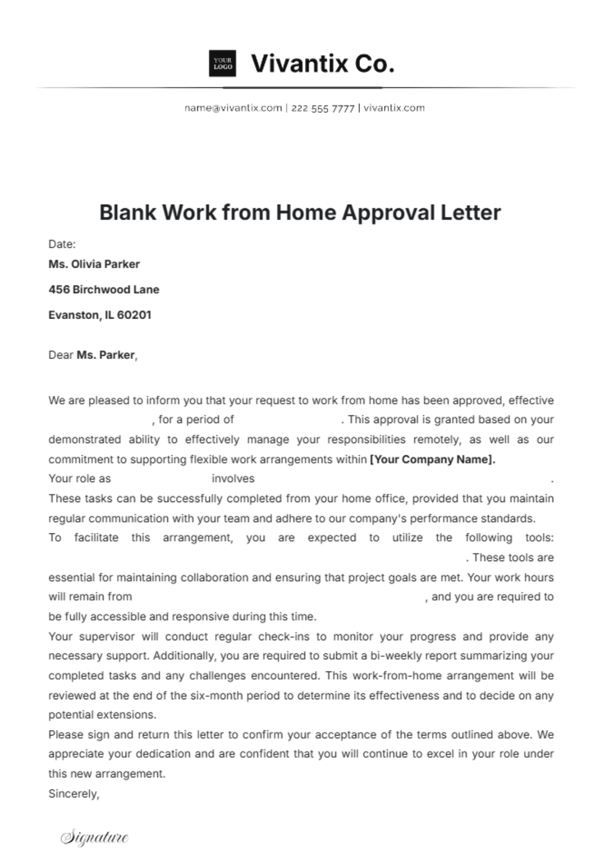 Blank Work from Home Approval Letter Template