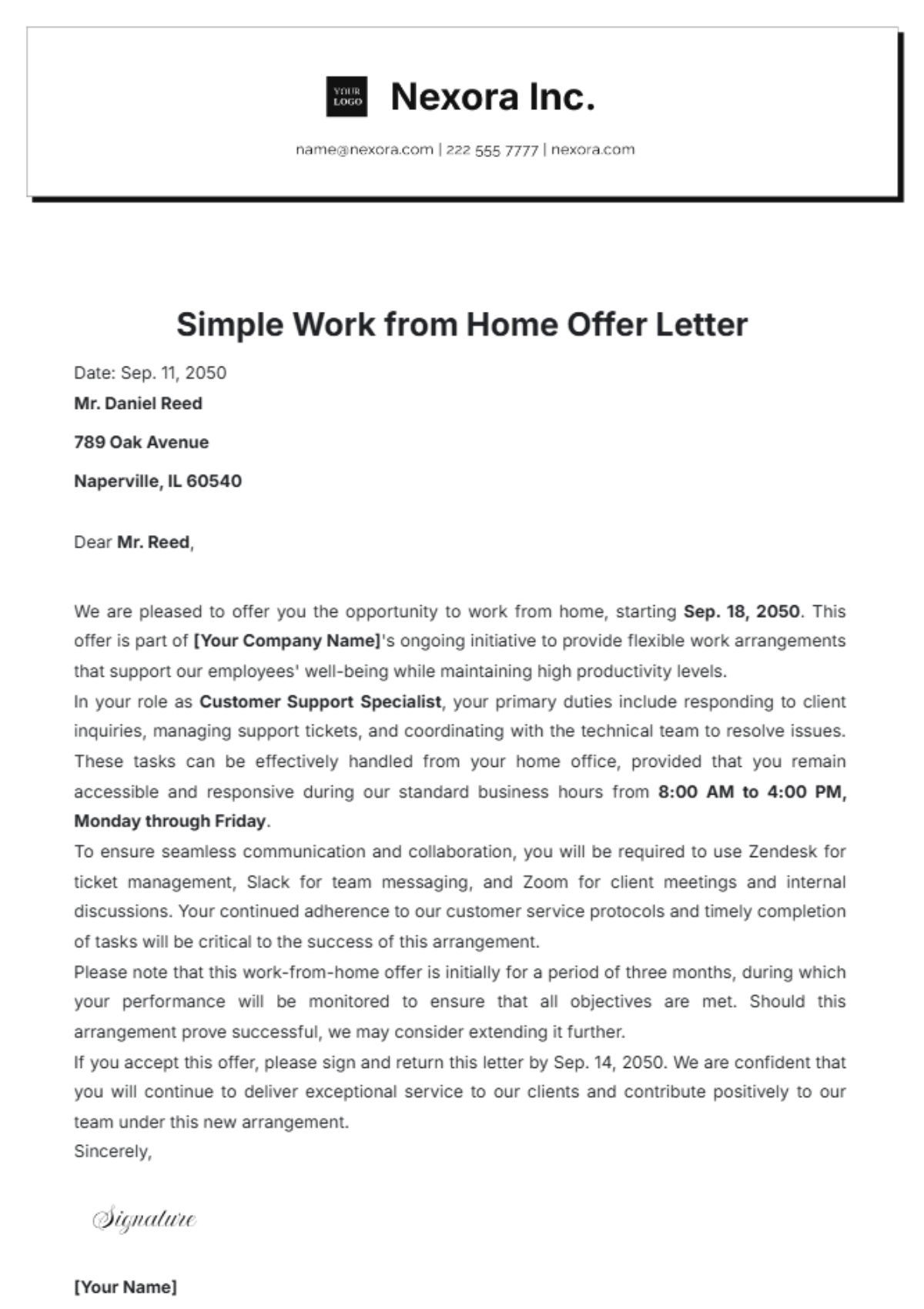 Simple Work from Home Offer Letter Template