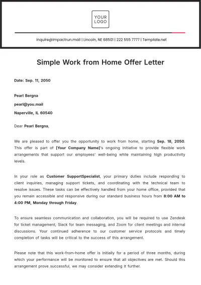 Free Simple Work from Home Offer Letter Template to Edit Online