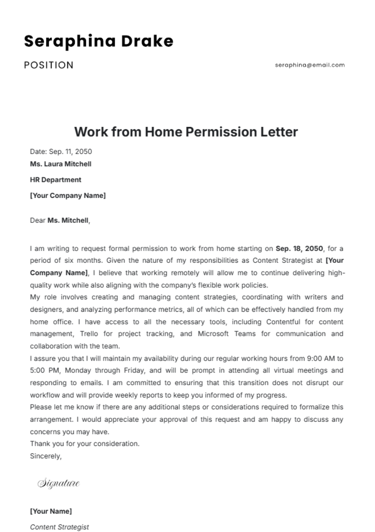 Work from Home Permission Letter Template