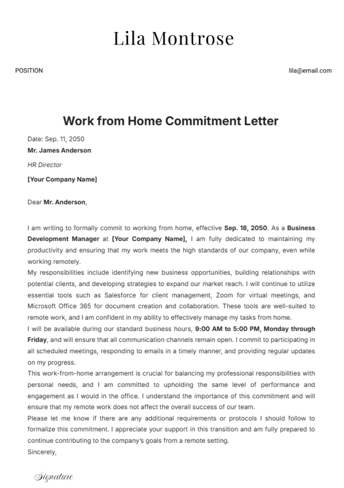 Work from Home Commitment Letter Template