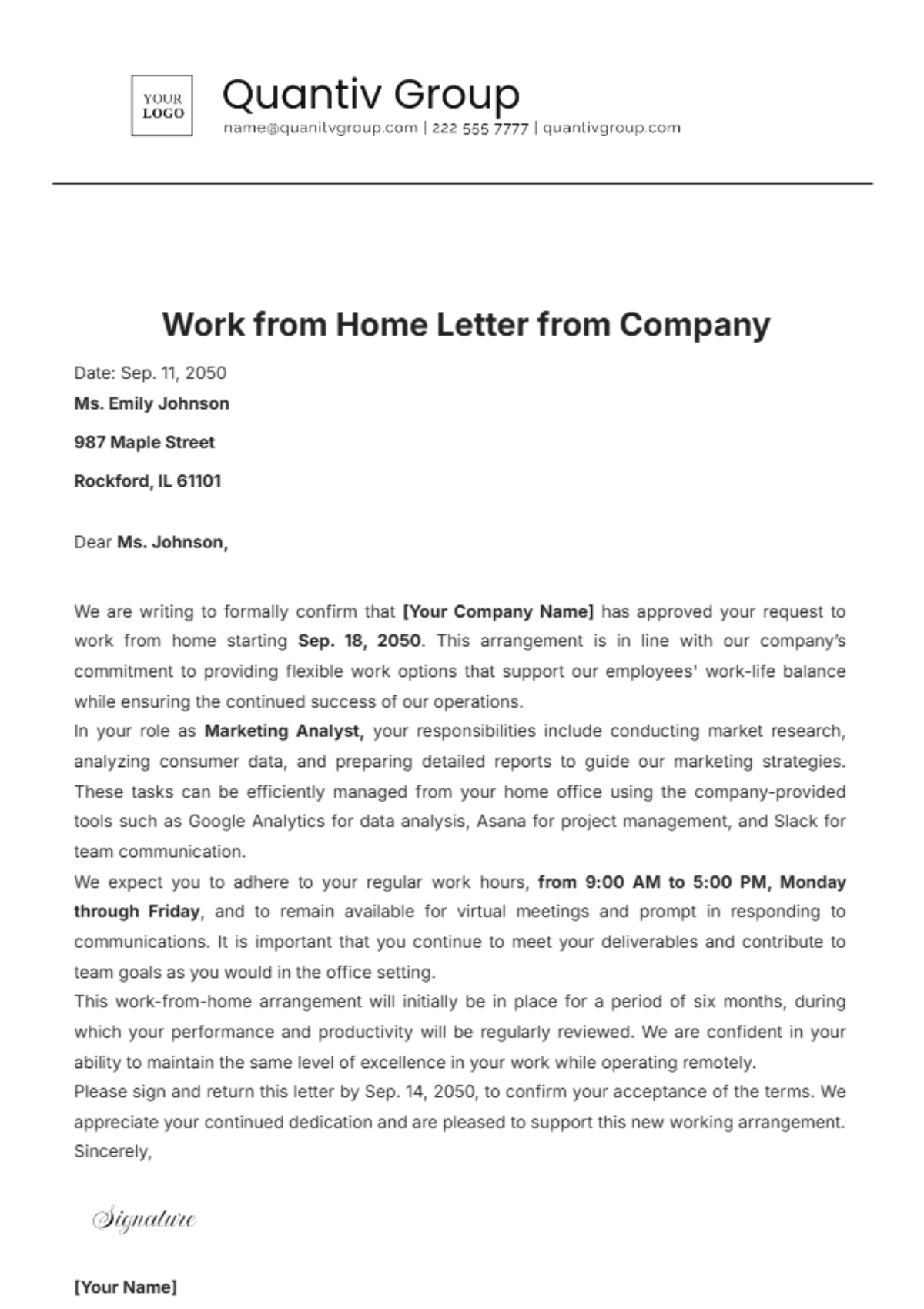 Work from Home Letter from Company Template