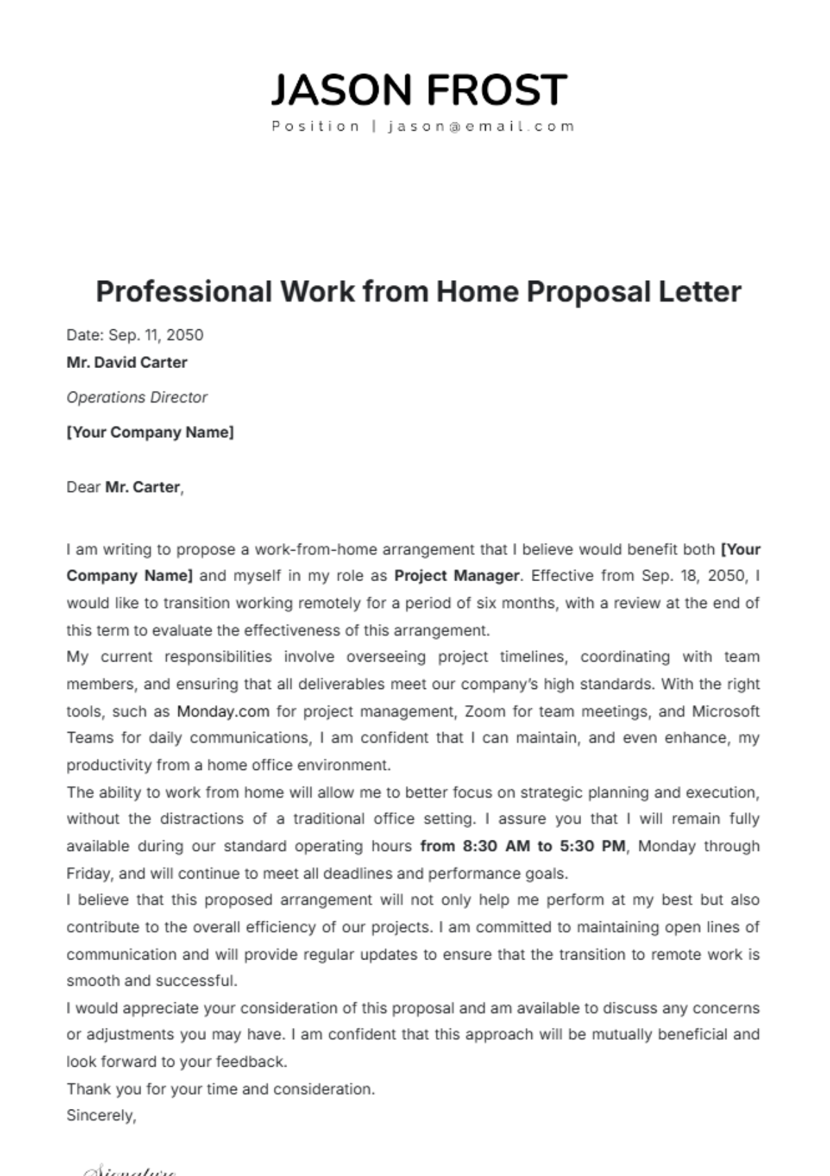 Professional Work from Home Proposal Letter Template