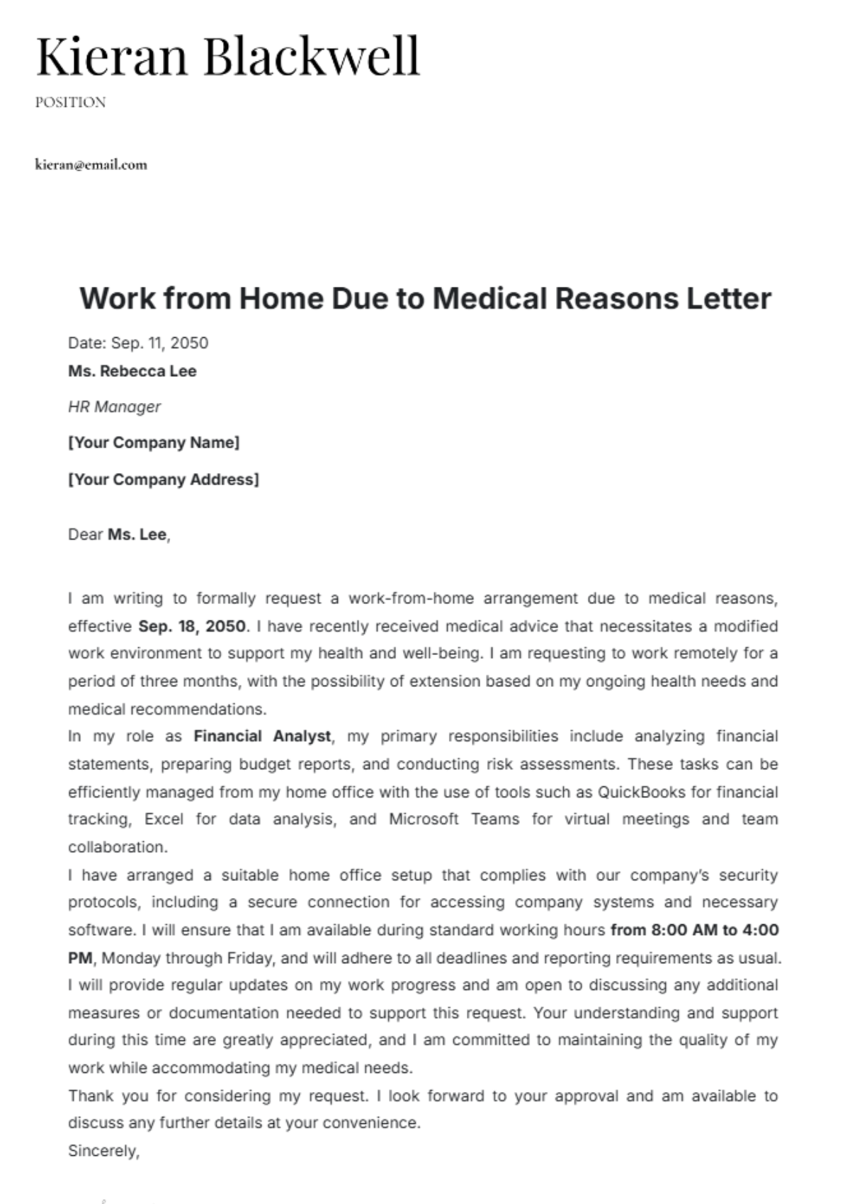 Work from Home Due to Medical Reasons Letter Template