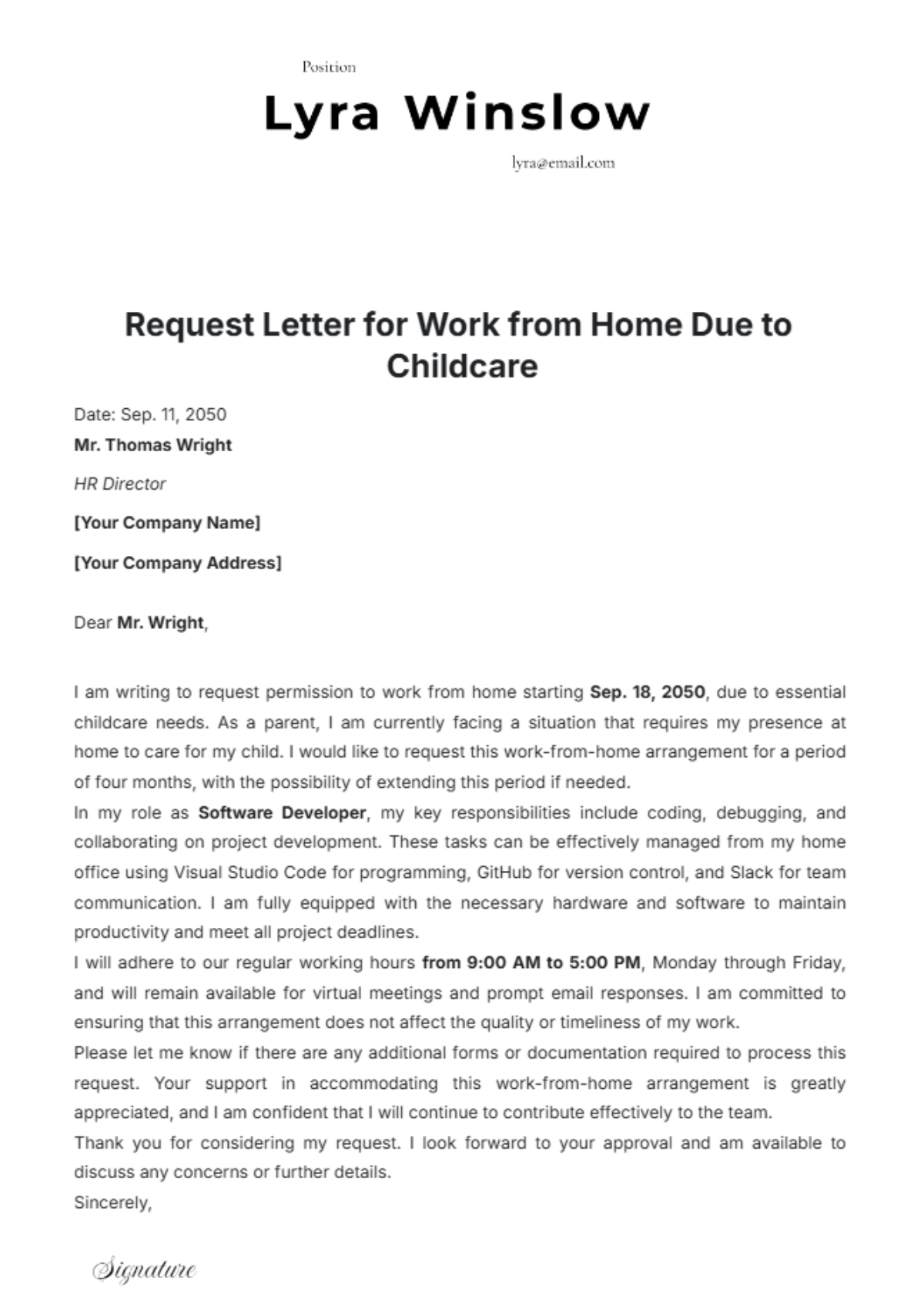 Request Letter for Work from Home Due to Childcare Template