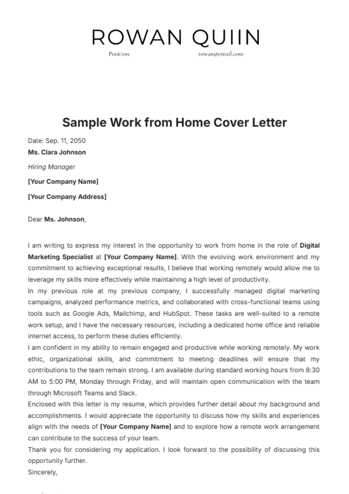 Sample Work from Home Cover Letter Template