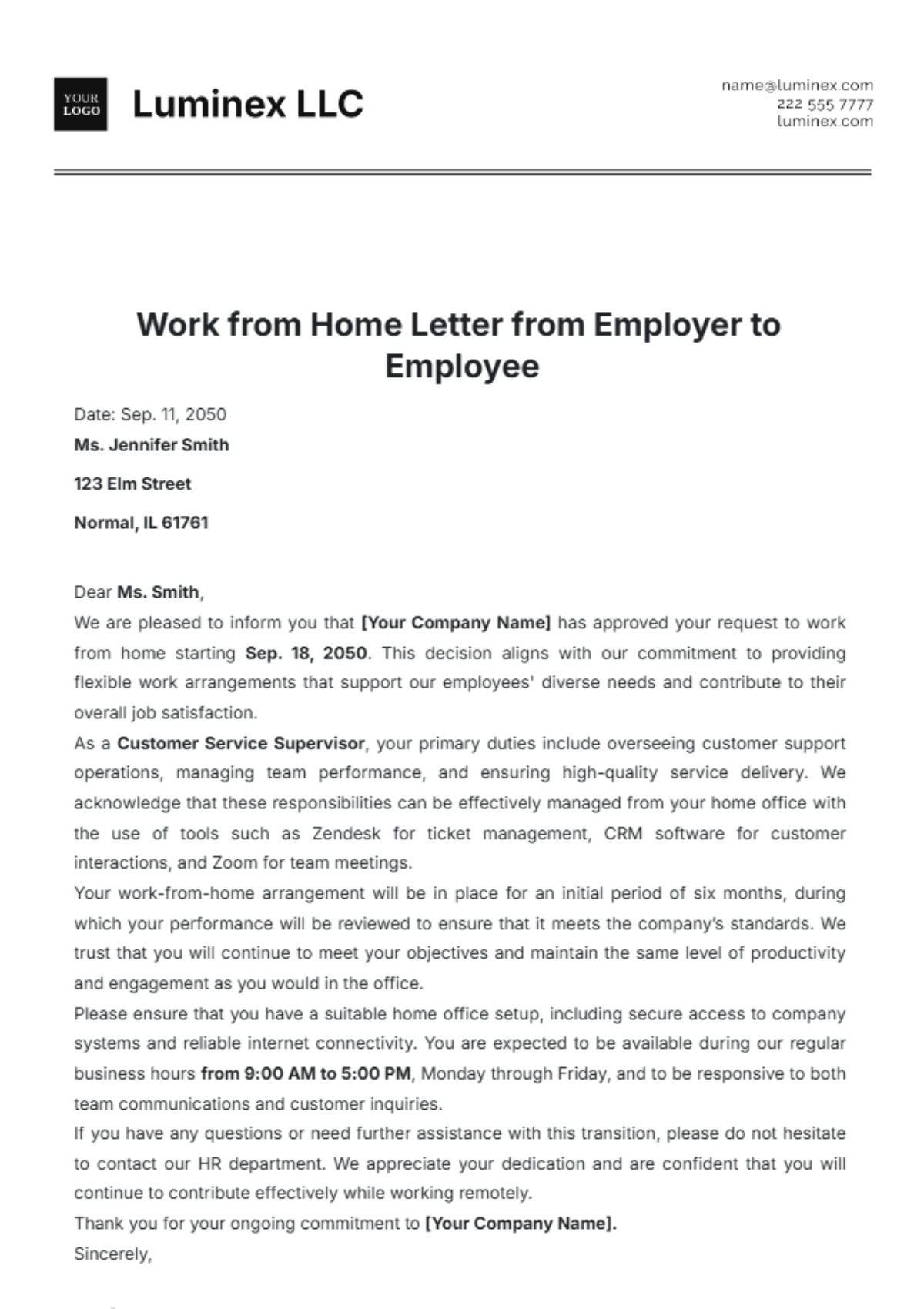 Work from Home Letter from Employer to Employee Template