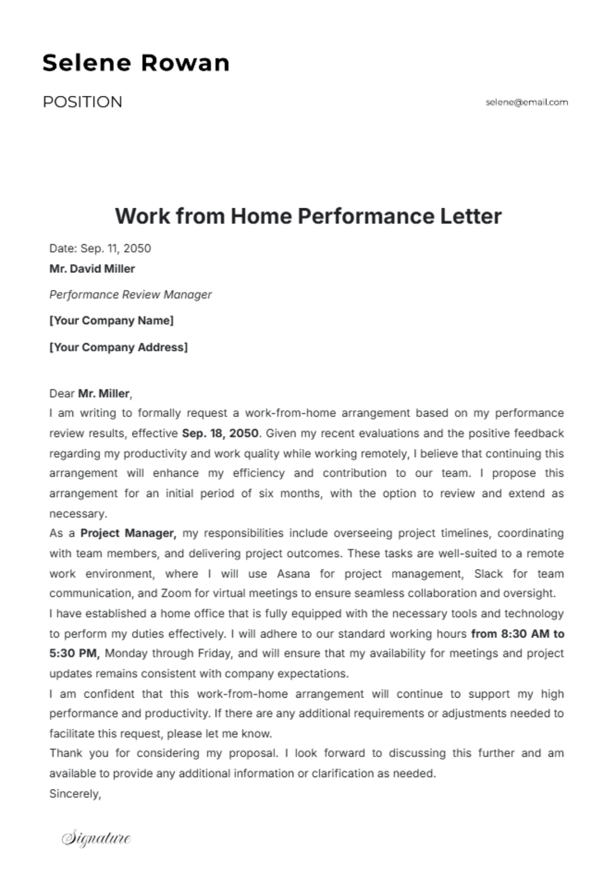 Work from Home Performance Letter Template