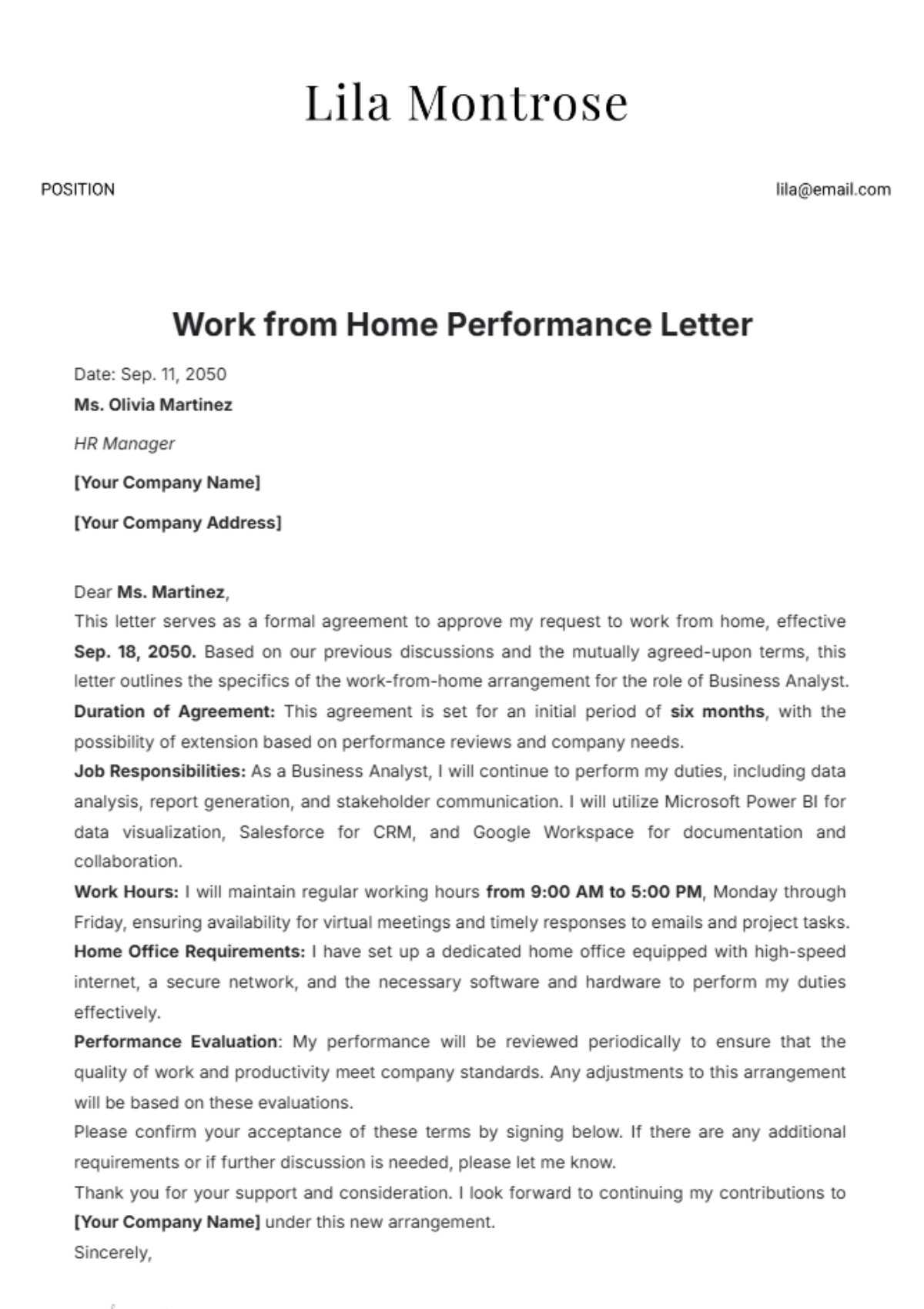 Work from Home Agreement Letter Template