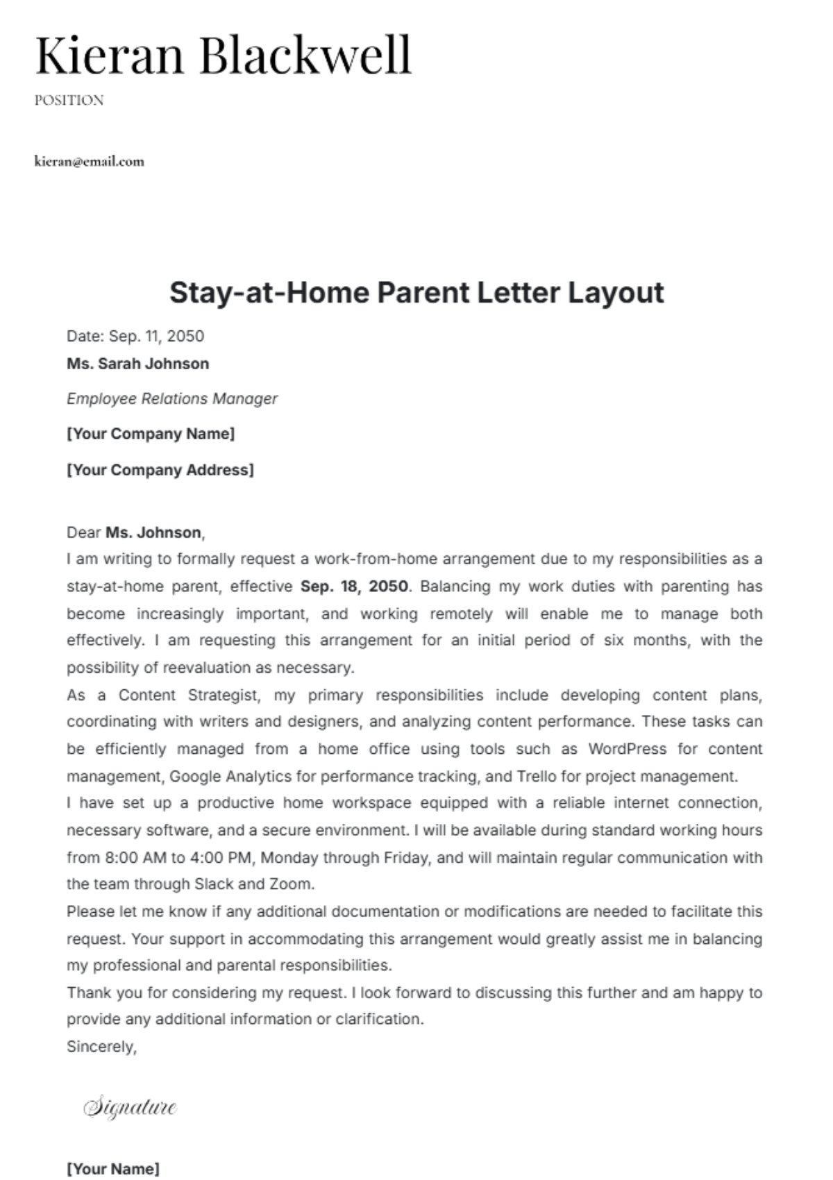 Stay-at-Home Parent Letter Layout Template