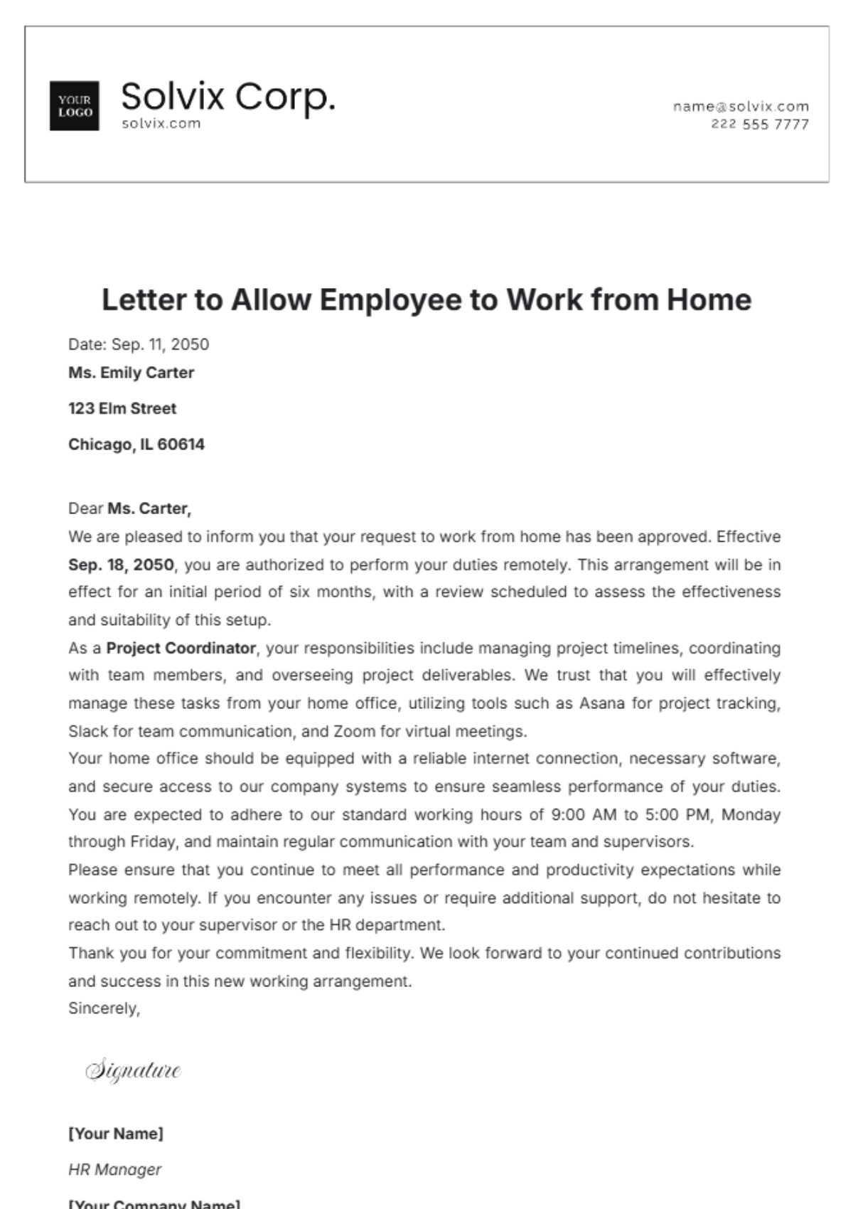 Letter to Allow Employee to Work from Home Template