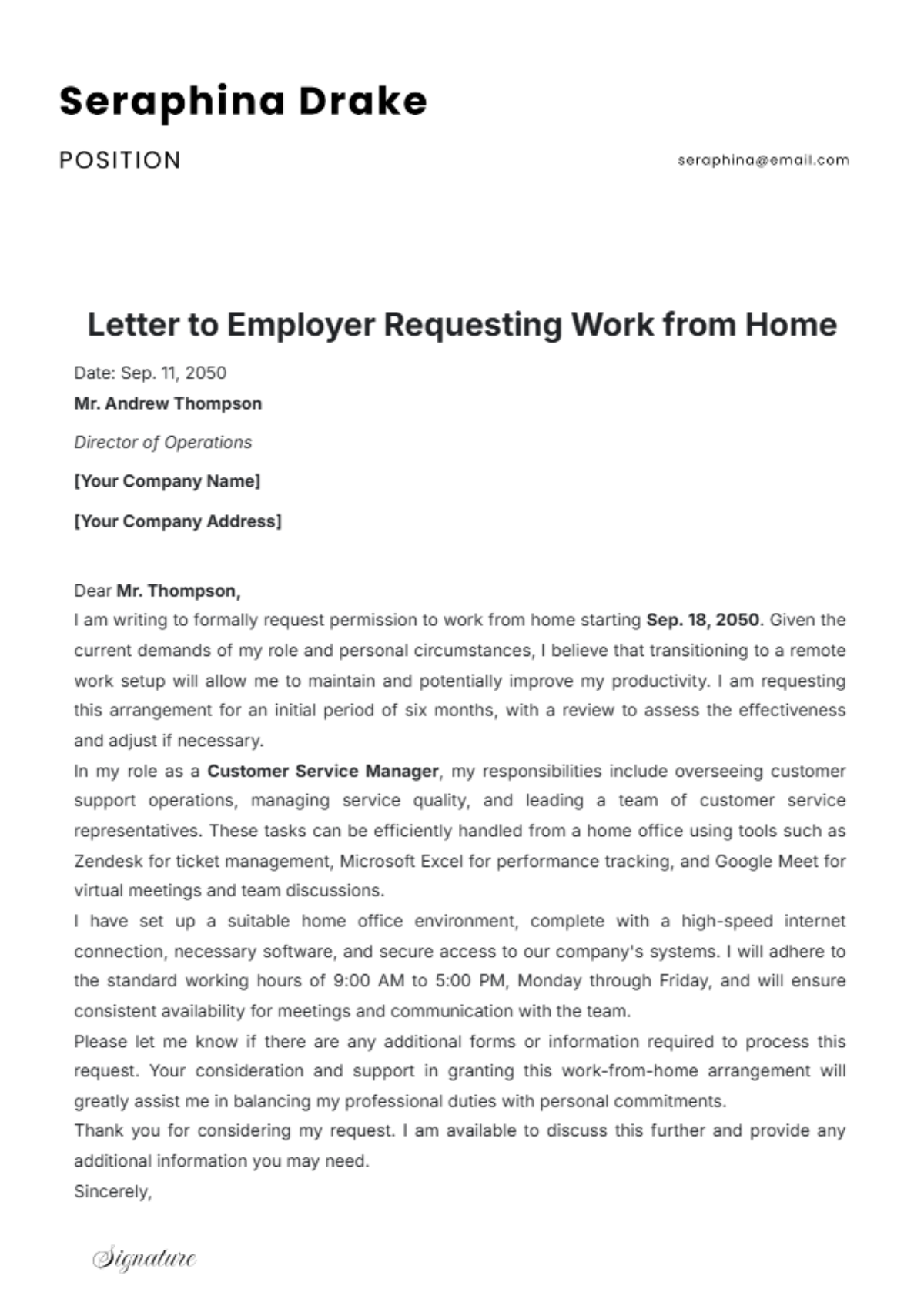 Letter to Employer Requesting Work from Home Template