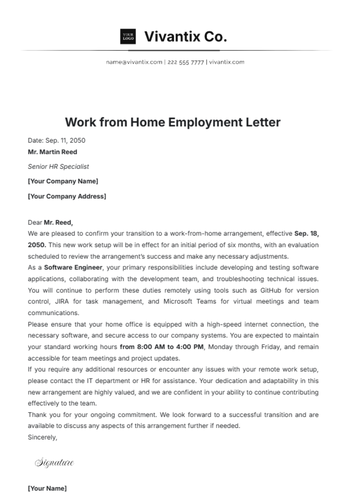 Work from Home Employment Letter Template