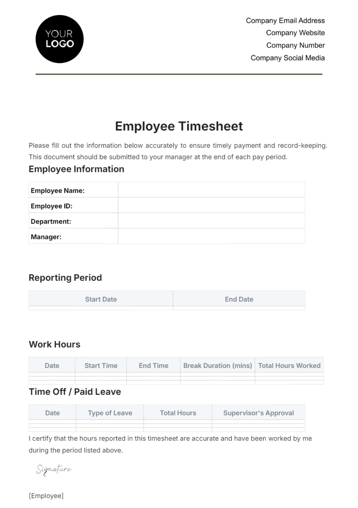 Free Employee Timesheet Template