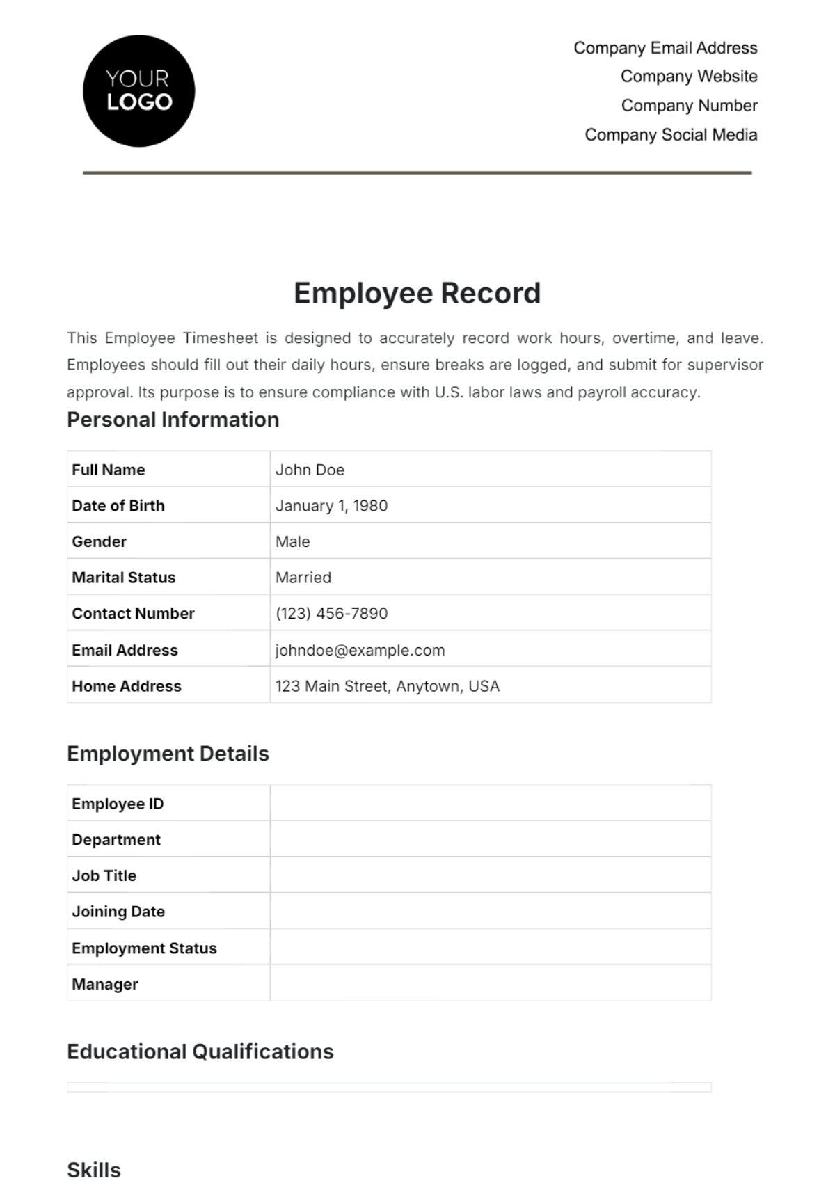 Free Employee Record Template